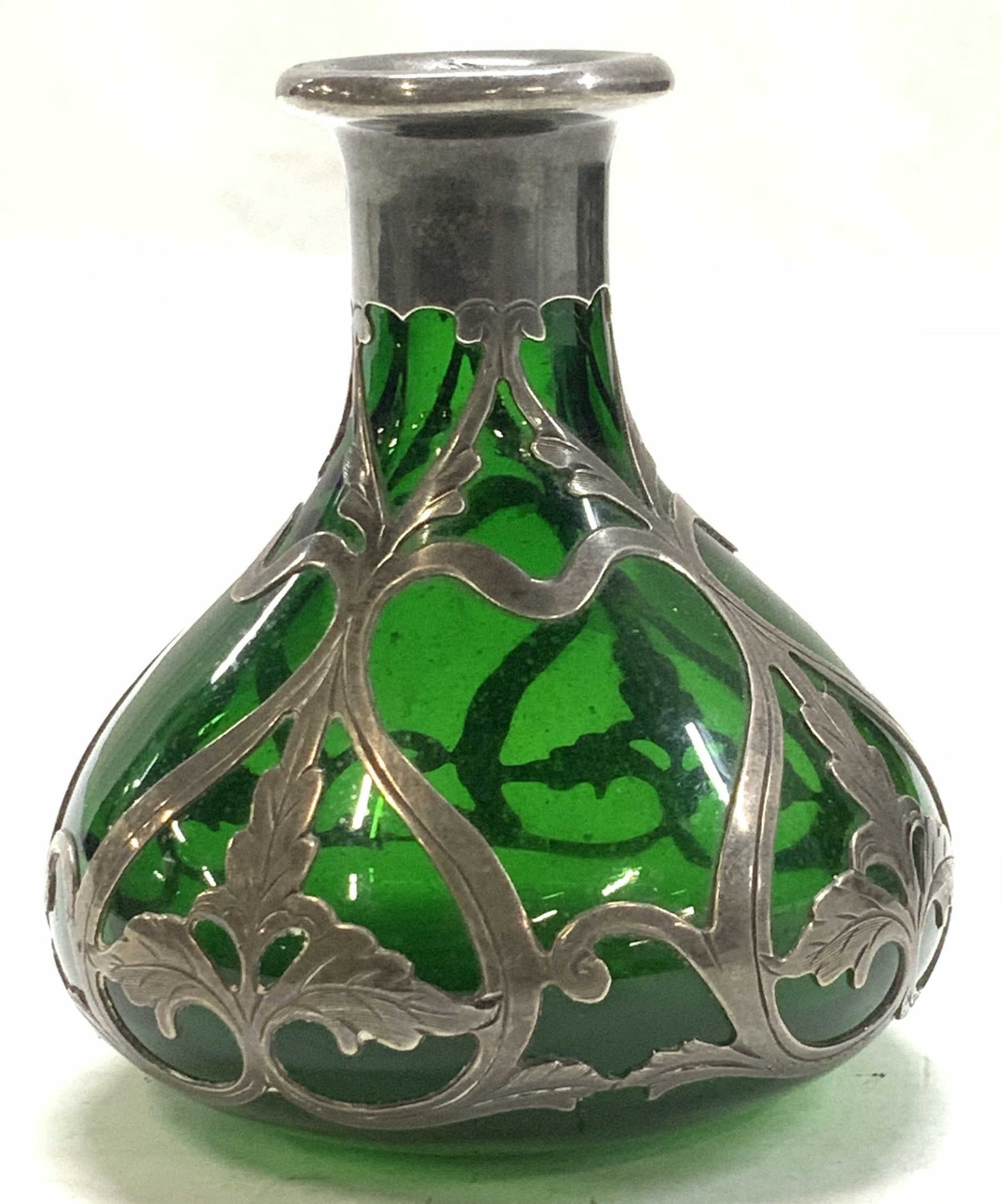 Green Glass Vase w Sterling Silver Overlay, 1953 (1 of 6)