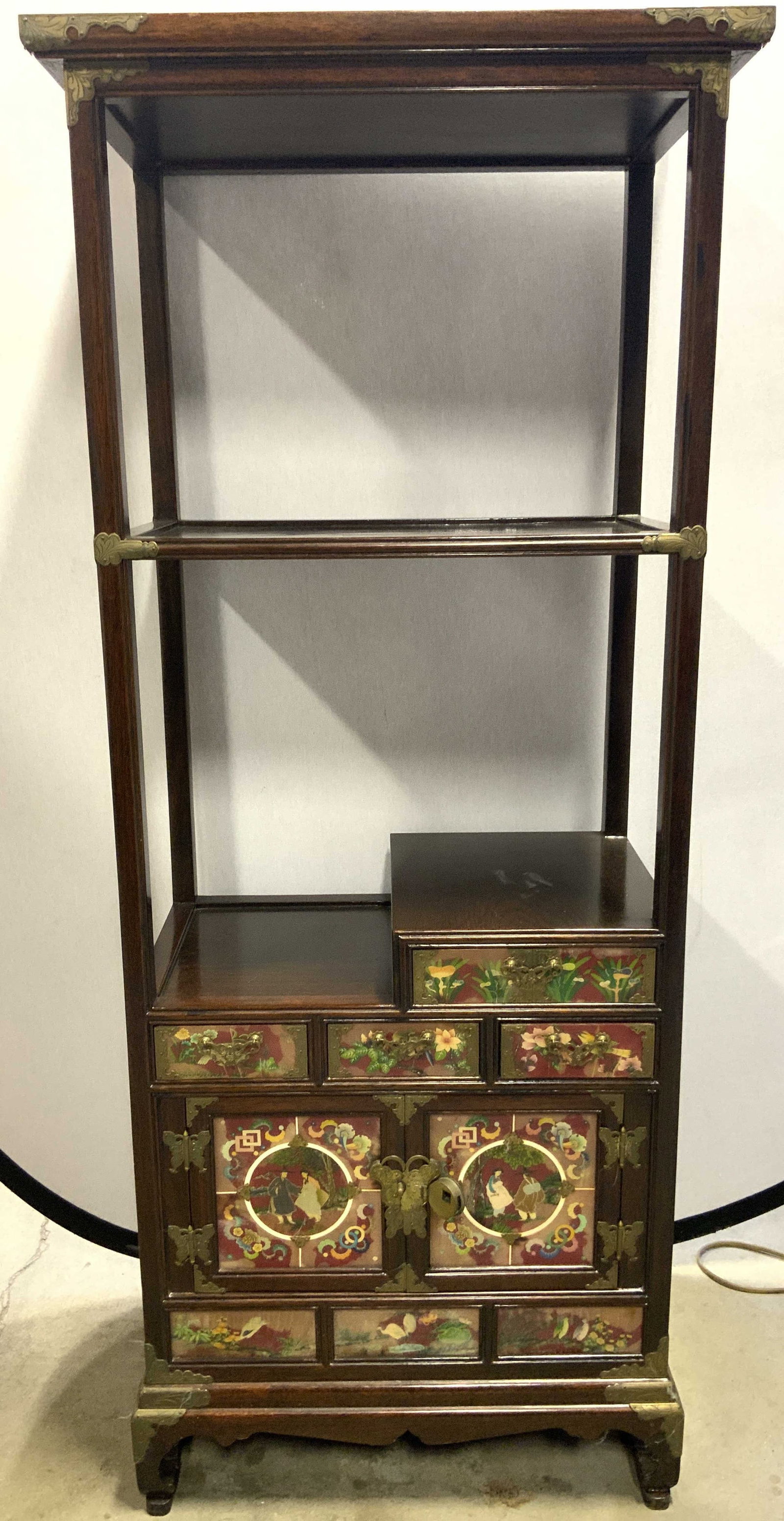 CHIL BO FURNITURE Art Co Vntg Asian Curio Chest: Invoice reads CHIL BO FURNITURE CURIO CHEST. Piece is vintage and wooden. Asian curio chest with intricately painted floral, leaf, bird & figural detail. Chest has 4 drawers and double door cabinet. T