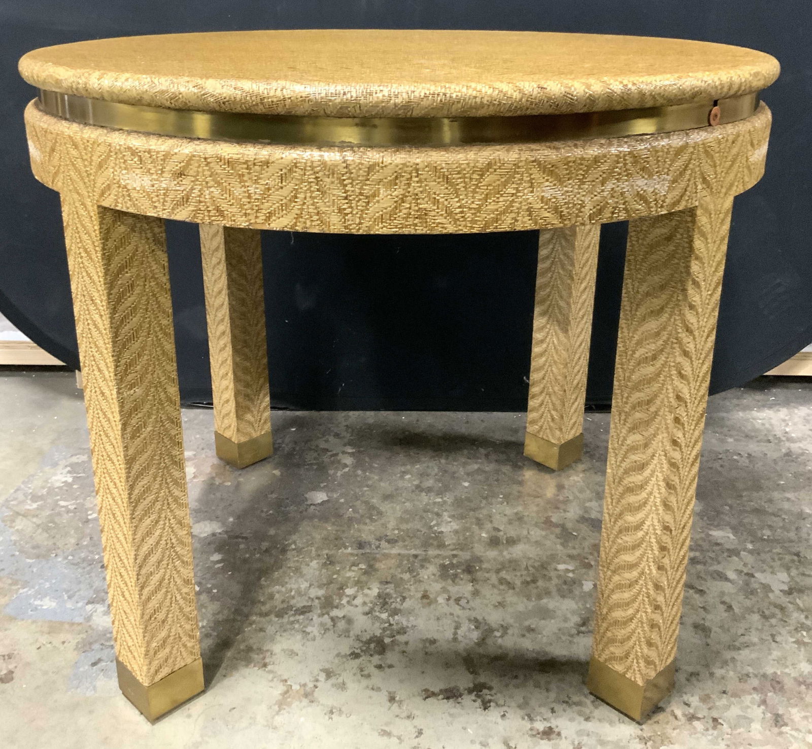 Vntg Woven Wicker Table W Gilt Metal Feet c1970s (1 of 8)