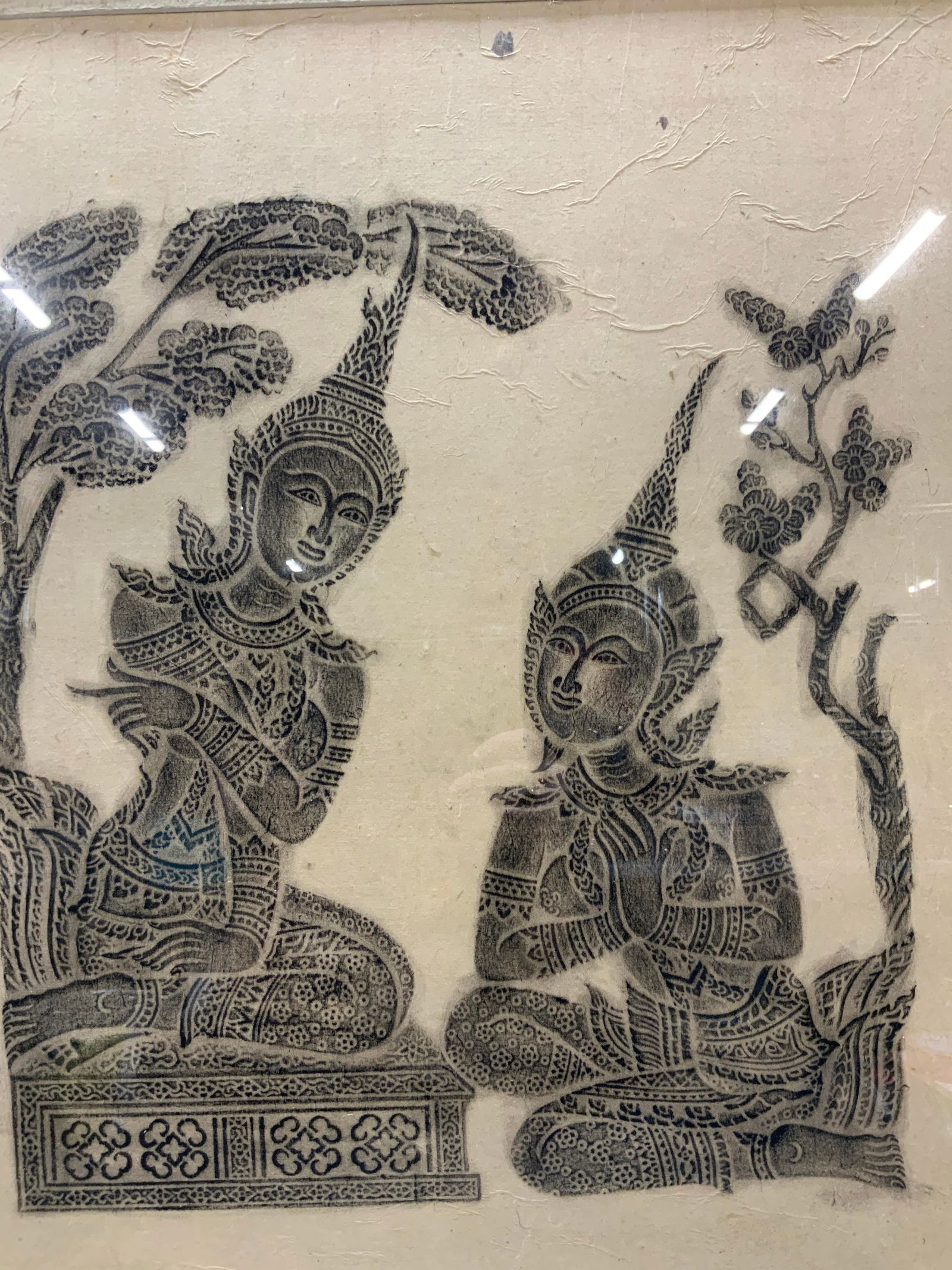 Thai Temple Rubbing in Charcoal Two Figures (1 of 11)