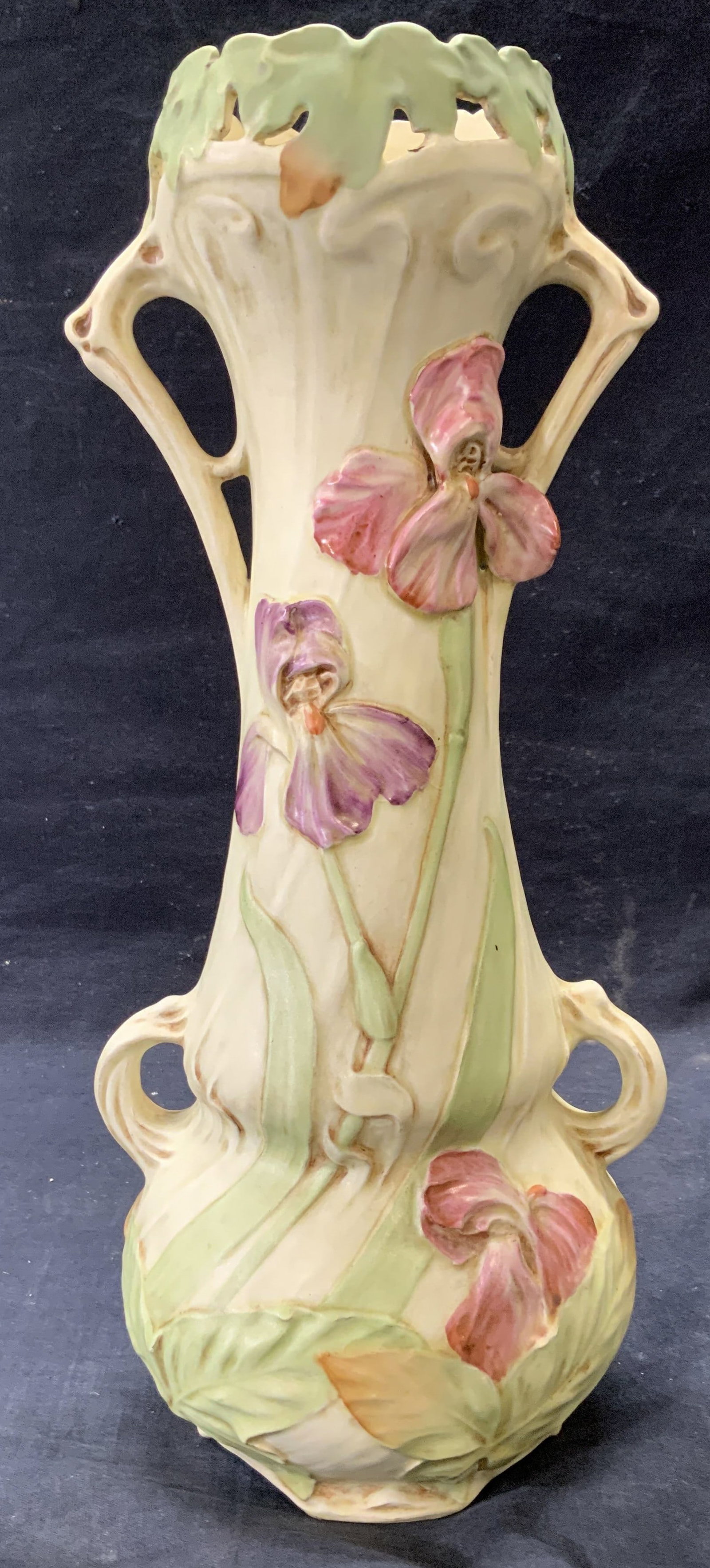 Royal Dux Antique Majolica Nouveaux Porcel Vase: Antique Royal Dux porcelain floral vase, in the art nouveau era Circa 1900-1909. Made in Czechoslovakia. Hand painted purple and pink Iris flowers. Cream tones vase. Faience majolica vase with handles