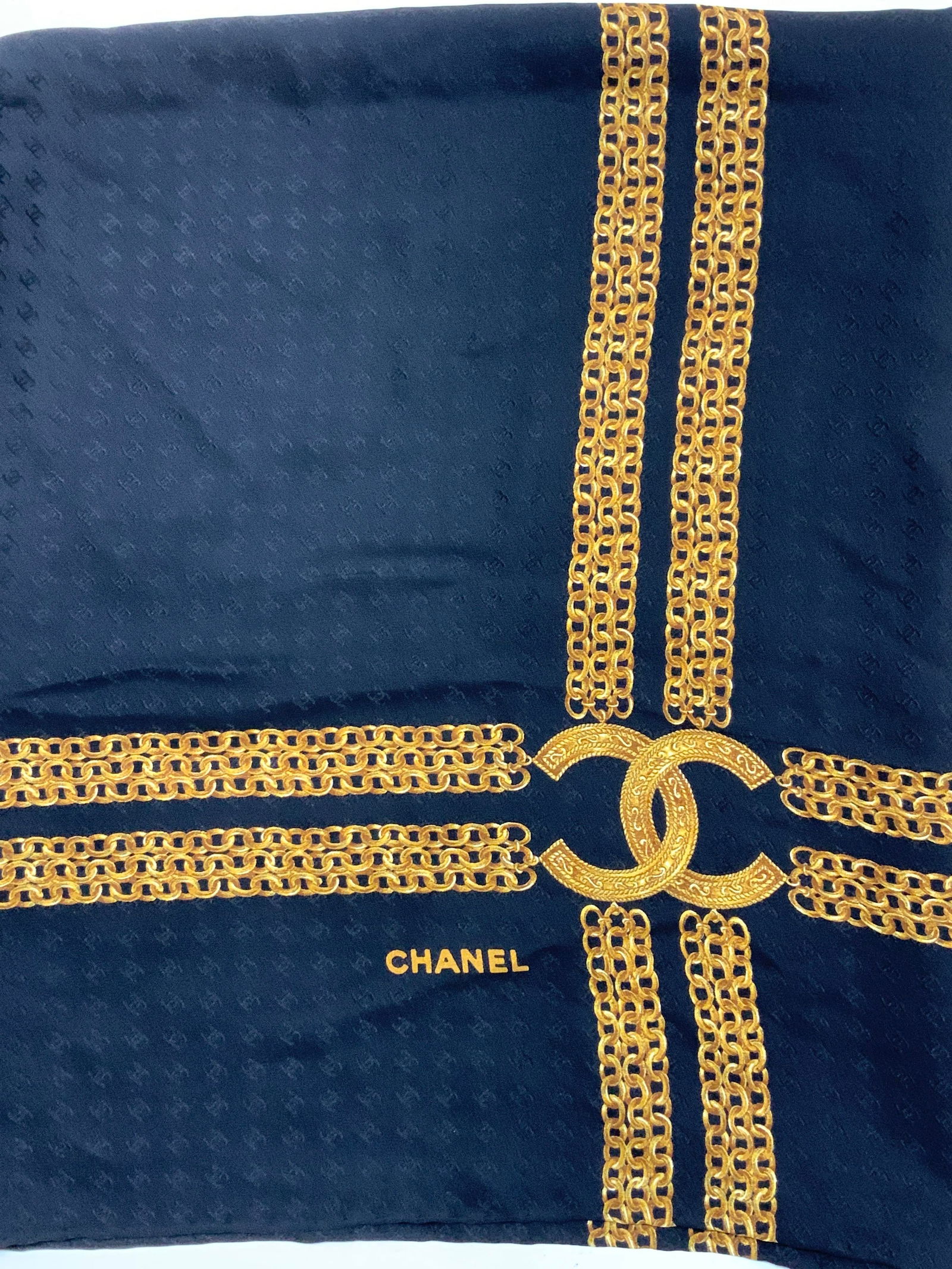 CHANEL Black & Gold Chain Link Silk Scarf, France (1 of 7)