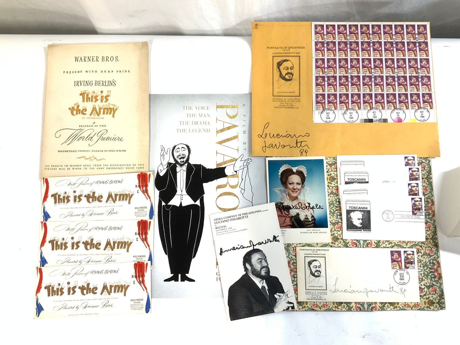 PAVORATTI, R Tebaldi Sign. Ephemera, Caruso Stamps (1 of 20)