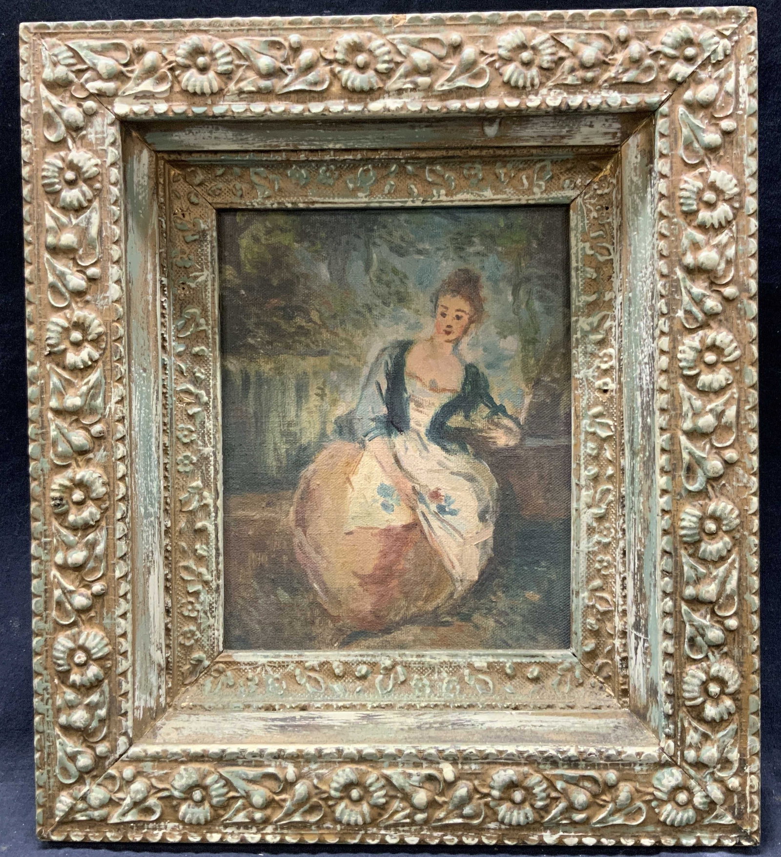 Oil Painting Reproduction L Amante Inquiete: Oil painting on canvas. Antique reproduction of Jean -Antoine Watteaus L Amante Inquiete. Subject depicts a worried lover waiting. Framed in ornate wooden frame. Remnants of gilt on inner frame corner