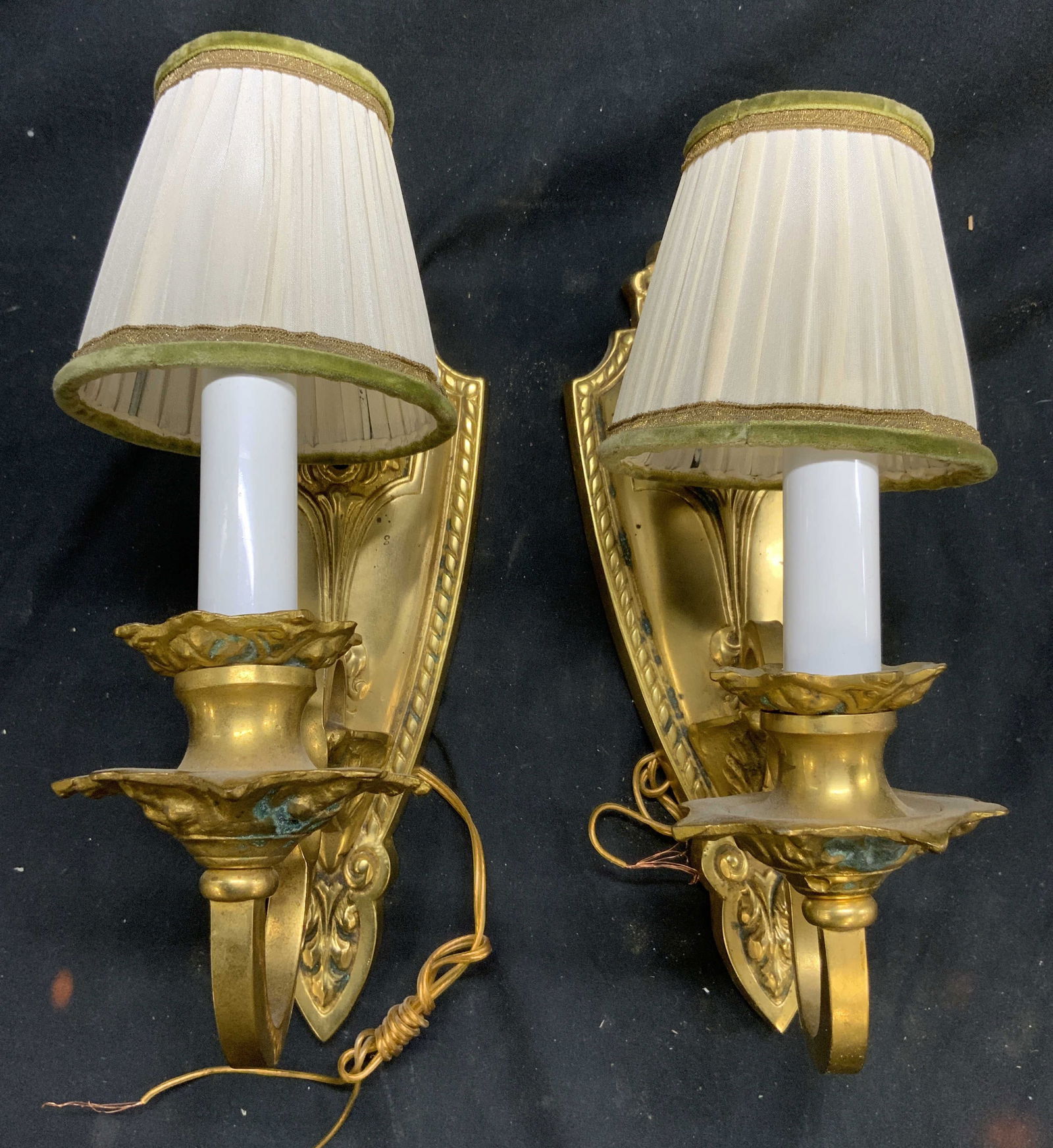Pair Gilt Metal Wall Sconces W Shades (1 of 8)