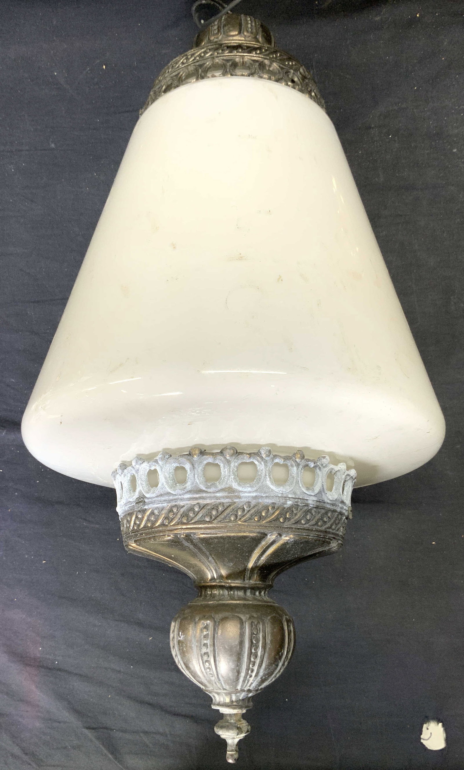 Vntg Metal & Art Glass Ceiling Lantern: Ceiling light has white toned glass area. Top and bottom areas silver toned & metal with geometric pierced & relief detail. Piece includes chain link & metal ceiling cap. Piece measures approximately 
