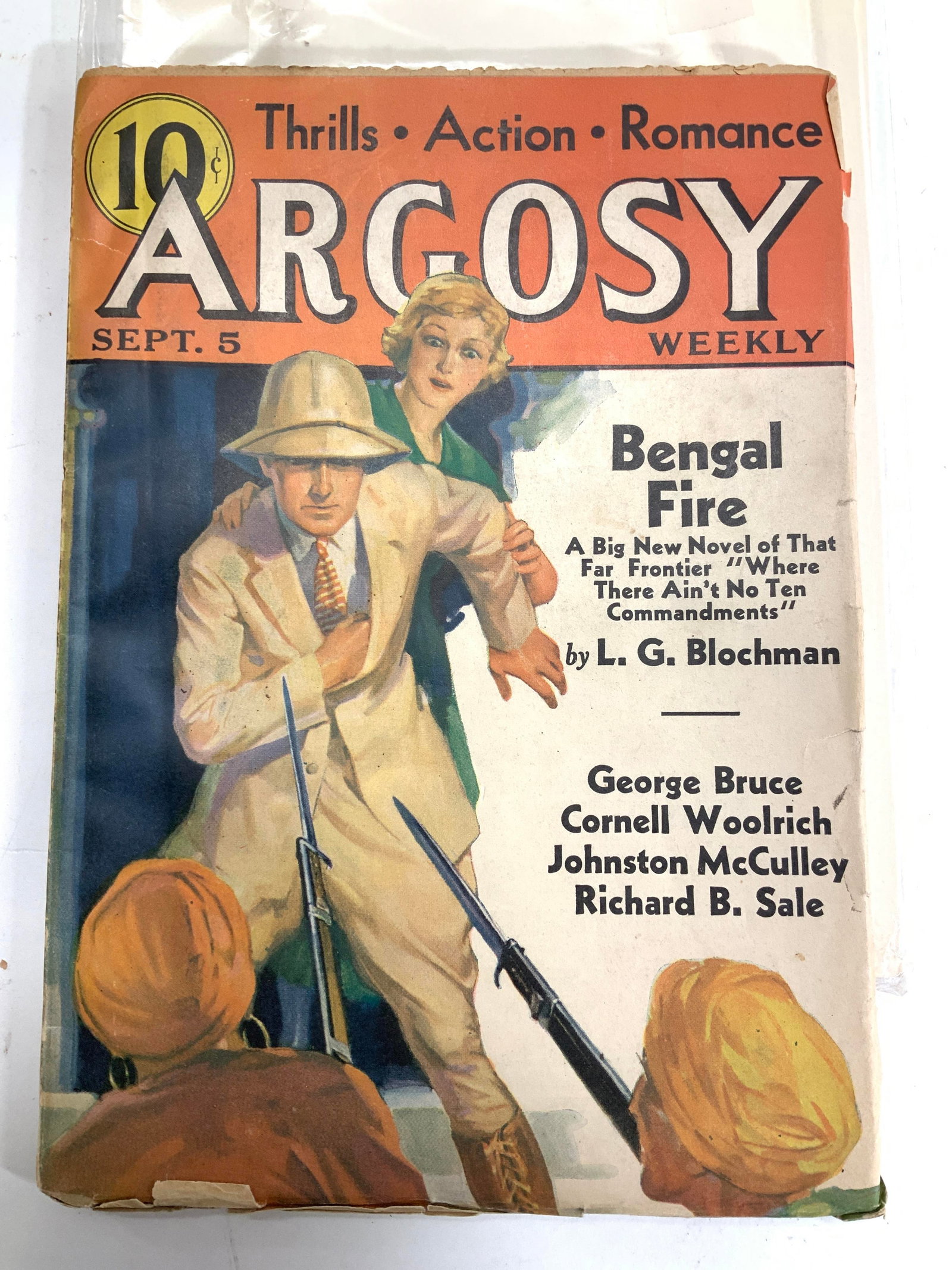 Argosy Pulp Weekly Vtg Magazine, 1936 Illustrated: Argosy Pulp, September 5 1936, Bengal Fire, Longhair Said No, The speed King, Gun for a Gringo, Spurs, Don Peon, The Ghost Mascot, Bare Fists of Shanghai short stories. Wear to cover and back with tor