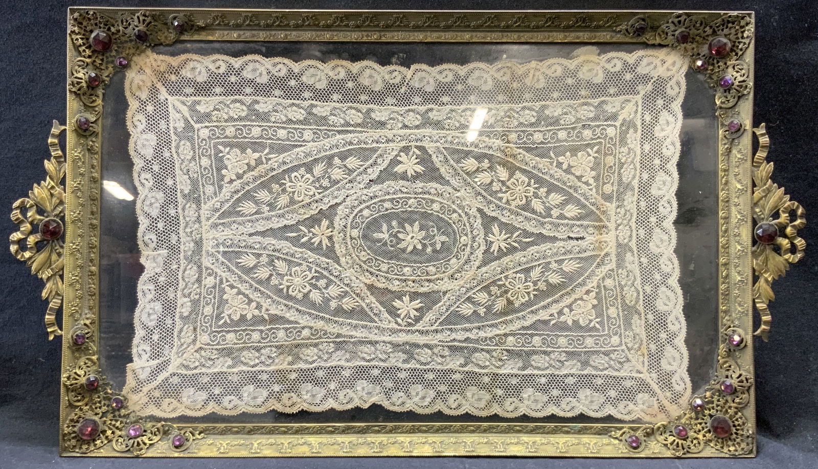 Vintage Bejeweled Brass Doily Insert Vanity Tray (1 of 13)