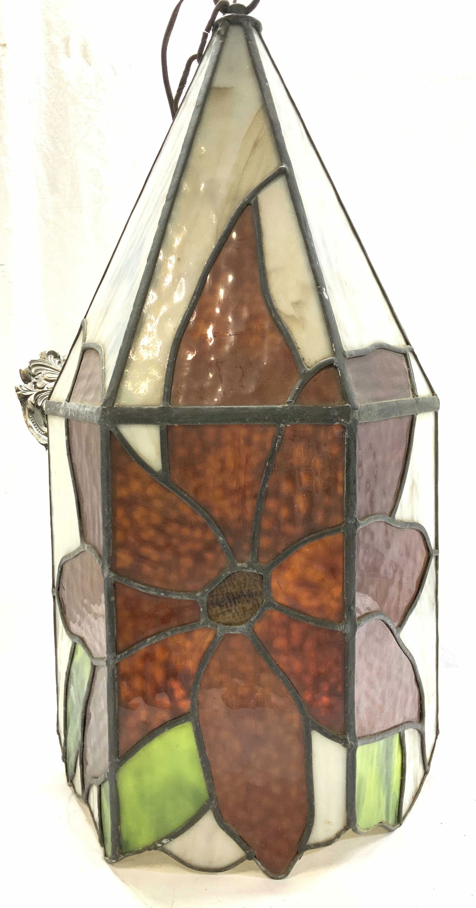 Slag Glass Handing Pendant Light with Flower (1 of 11)