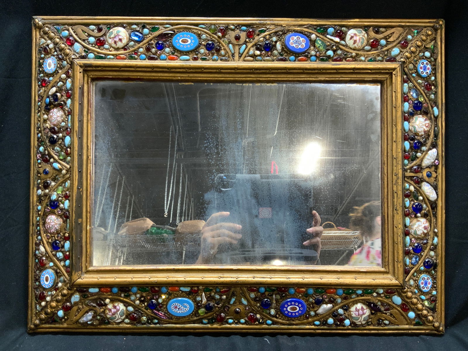 Gilt Metal Frame Mirror W Stones & Enamel Detail (1 of 8)