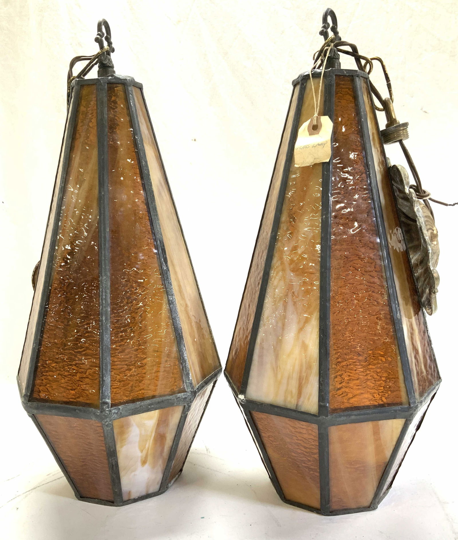 Pair Amber Slag Glass Pendant Lights (1 of 8)