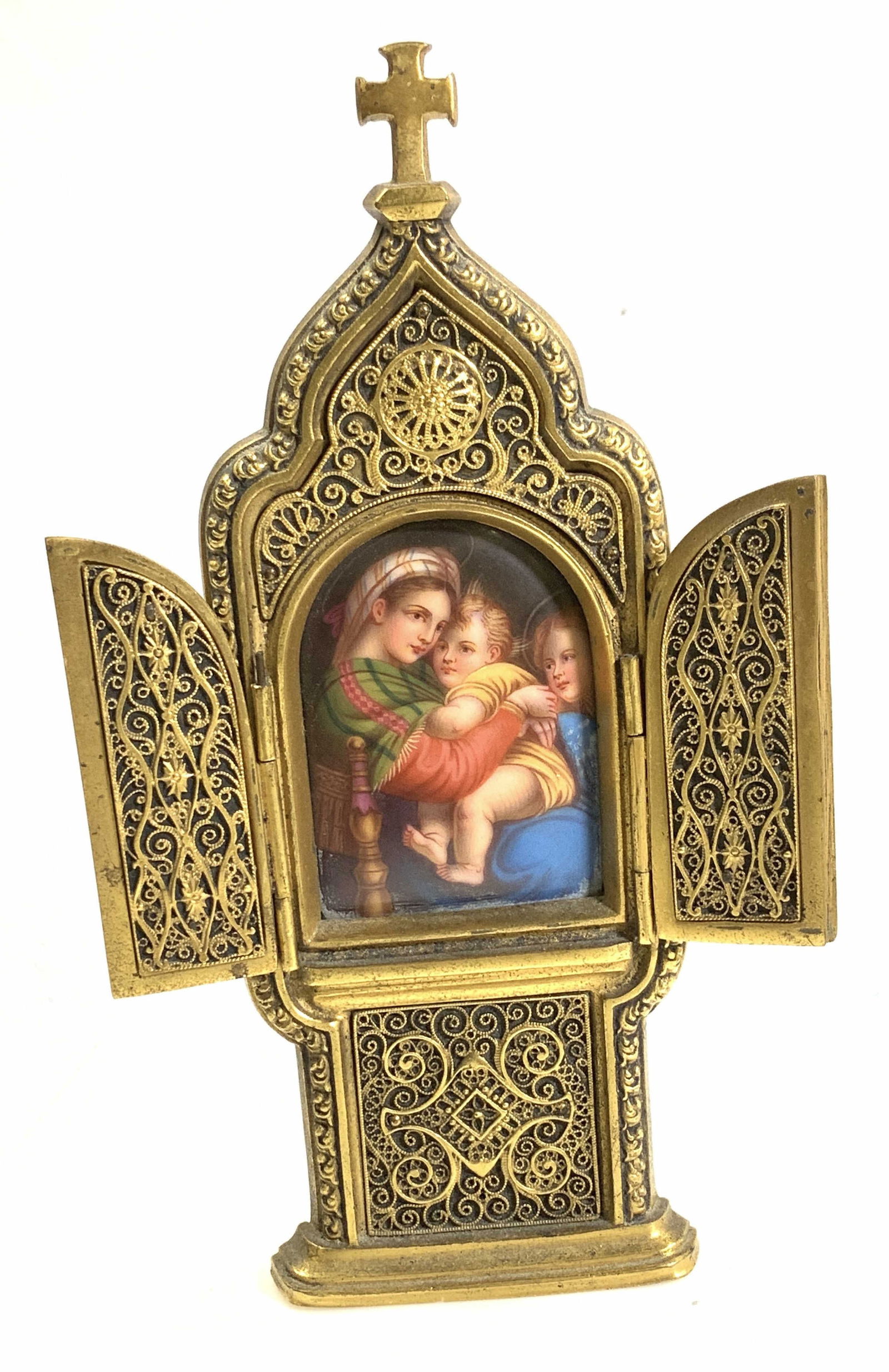 Antq Gilt Bronze Triptych w Painted Porcel Madonna (1 of 11)