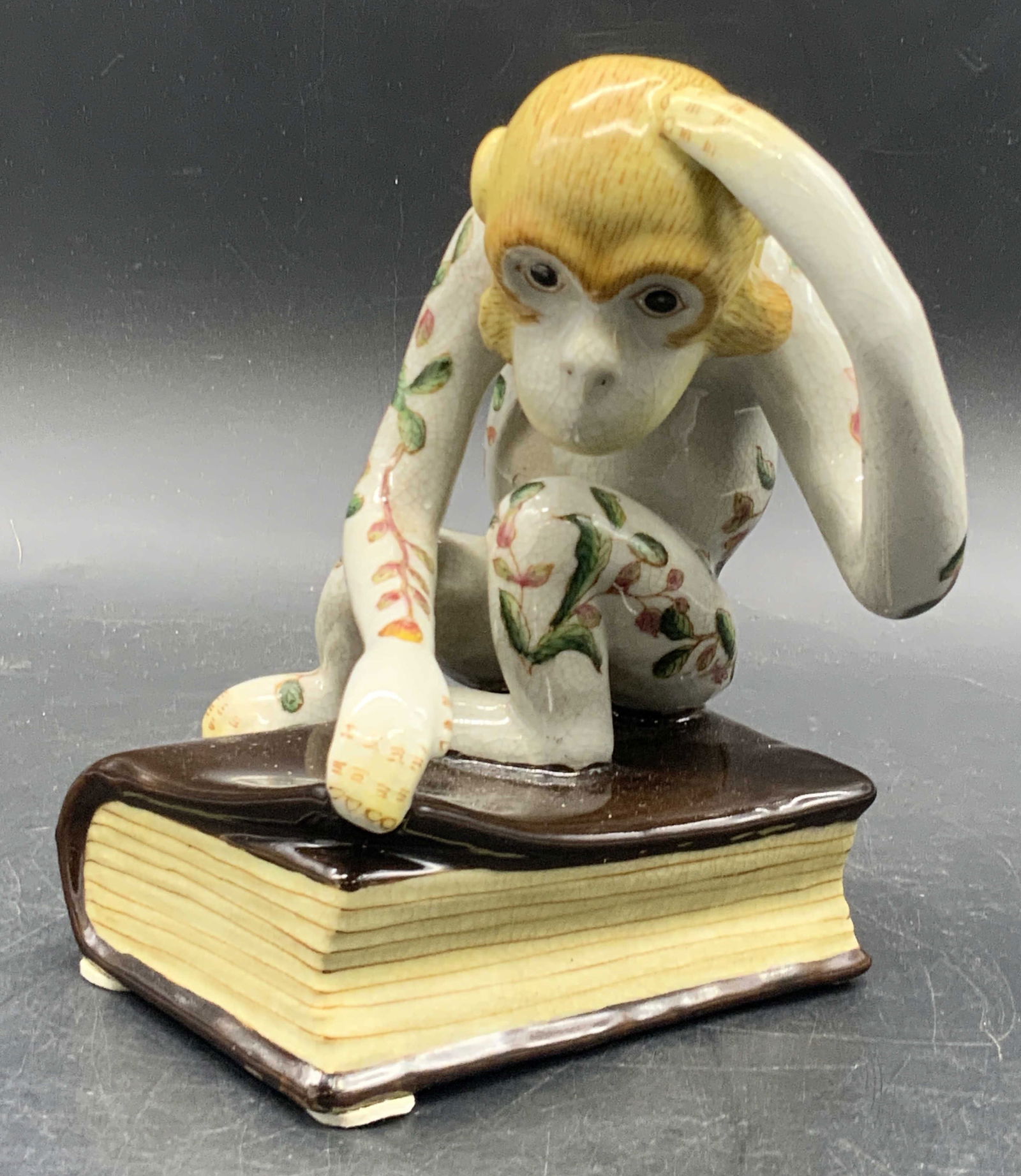 Signed Asian Ceramic Monkey Atop Book Figural (1 of 11)