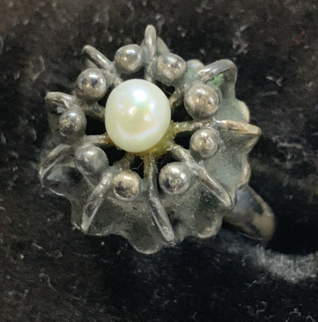 Antique Sterling Silver Crown Ring w Pearl (1 of 8)