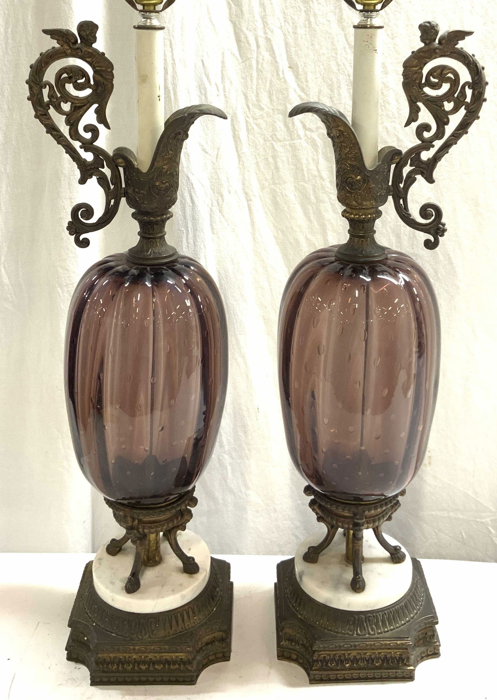 Pr Vntg Hollywood Regency Style Brass & Art Glass Lamps (1 of 10)