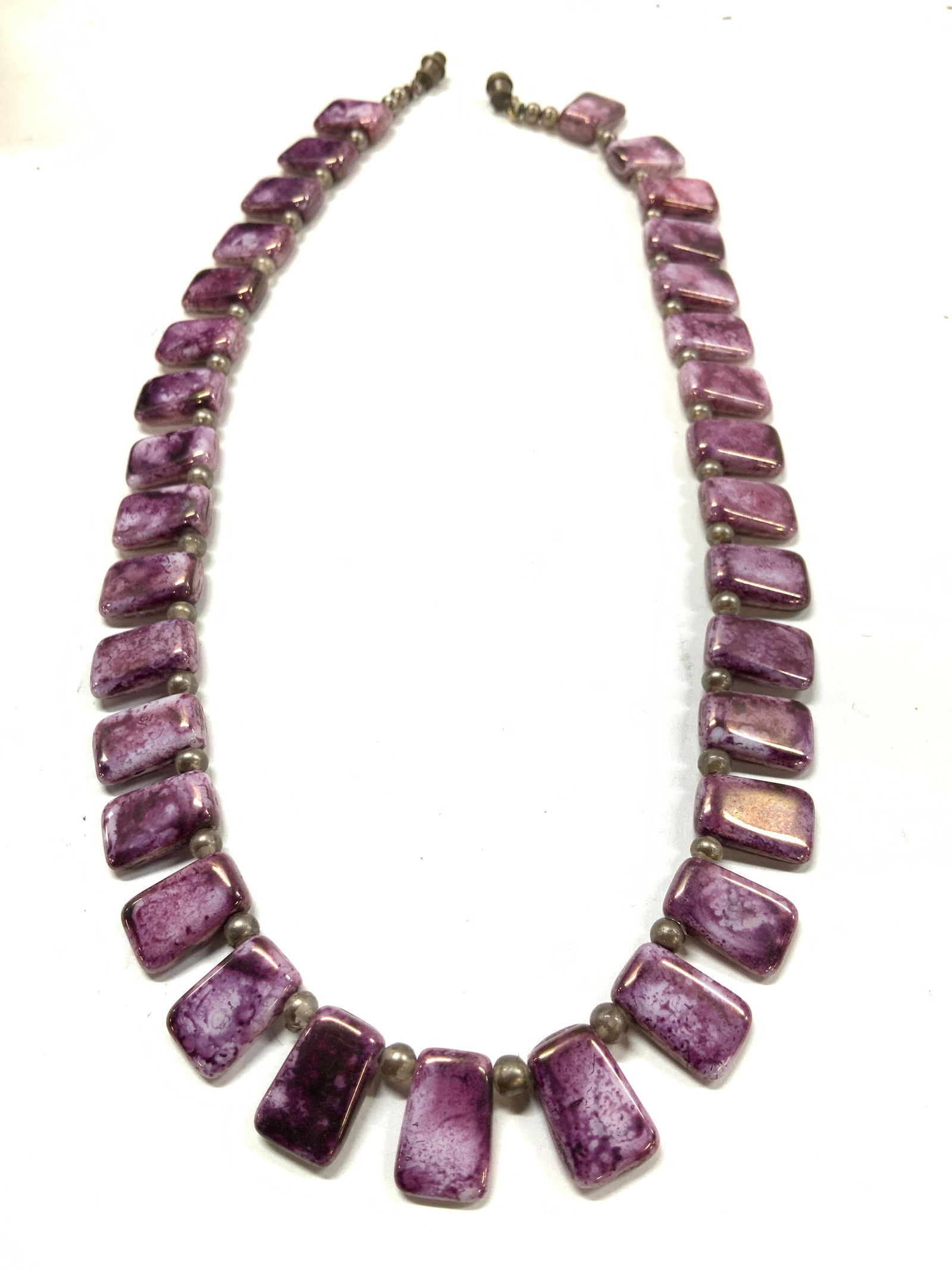 Painted Glass Bead Choker Necklace: Painted glass bead necklace made to resemble a natural stone. Deep purple with white glass beads. 16 in. Long . Light wear to materials. Jewelry, fashion jewelry, costume jewelry, choker necklace, coc