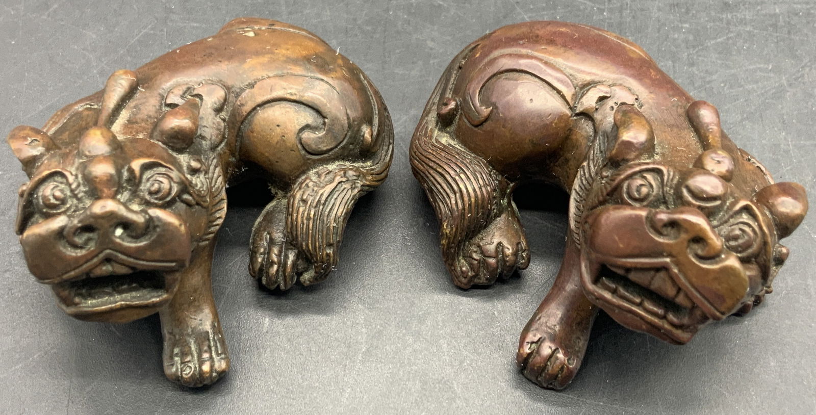 2 Asian Bronze Copper Carved Foo Dogs Miniatures (1 of 12)