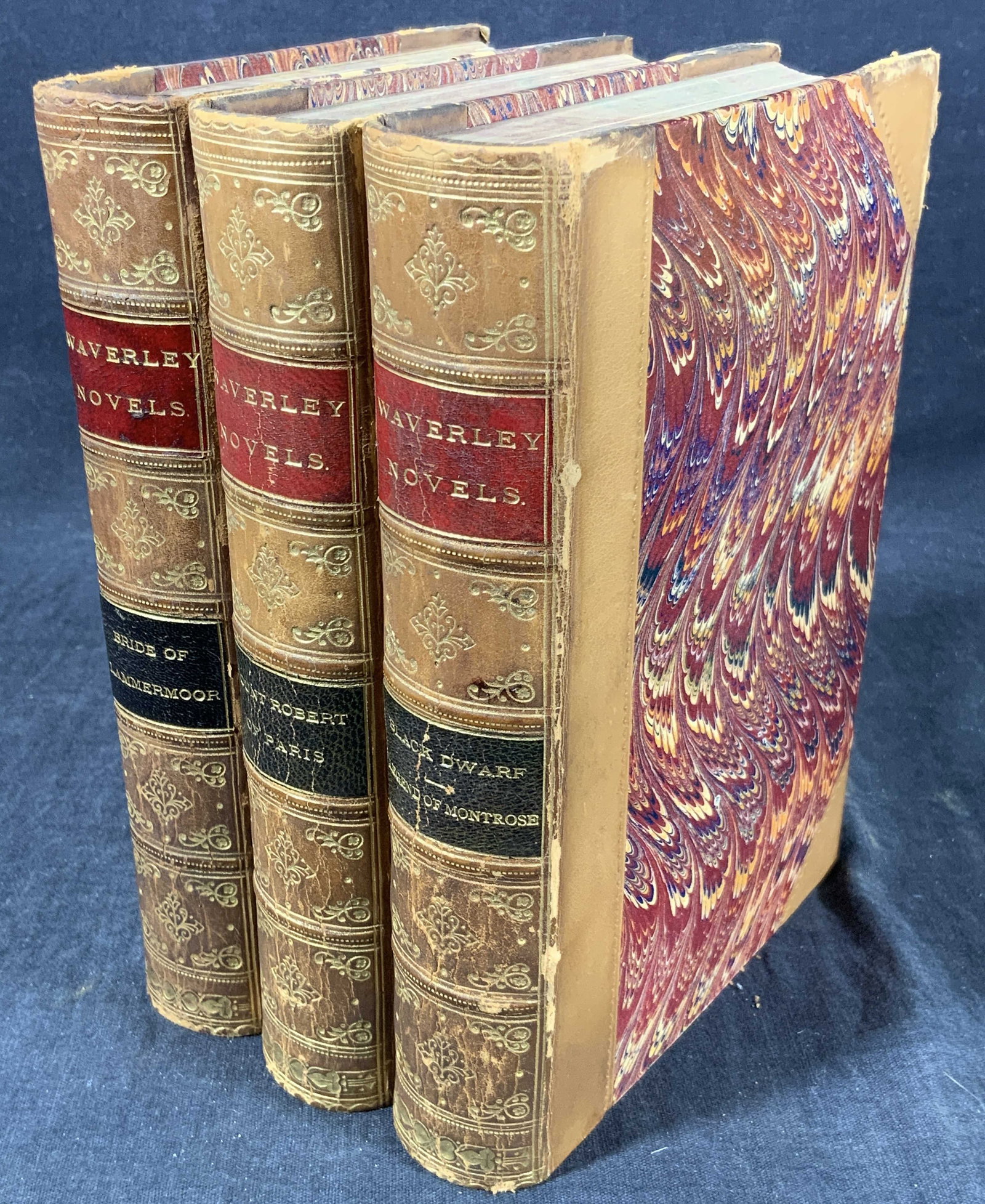 Antique Waverley Novels by SIR WALTER SCOTT, BART: Antique bound Waverley Novels. All novels by Sir Walter Scott, Bart. Titles: Count Robert of Paris, Bride of Lammermoor, the Black Dwarf & Legend of Montrose. Published 1875-1876 by George Routledge &