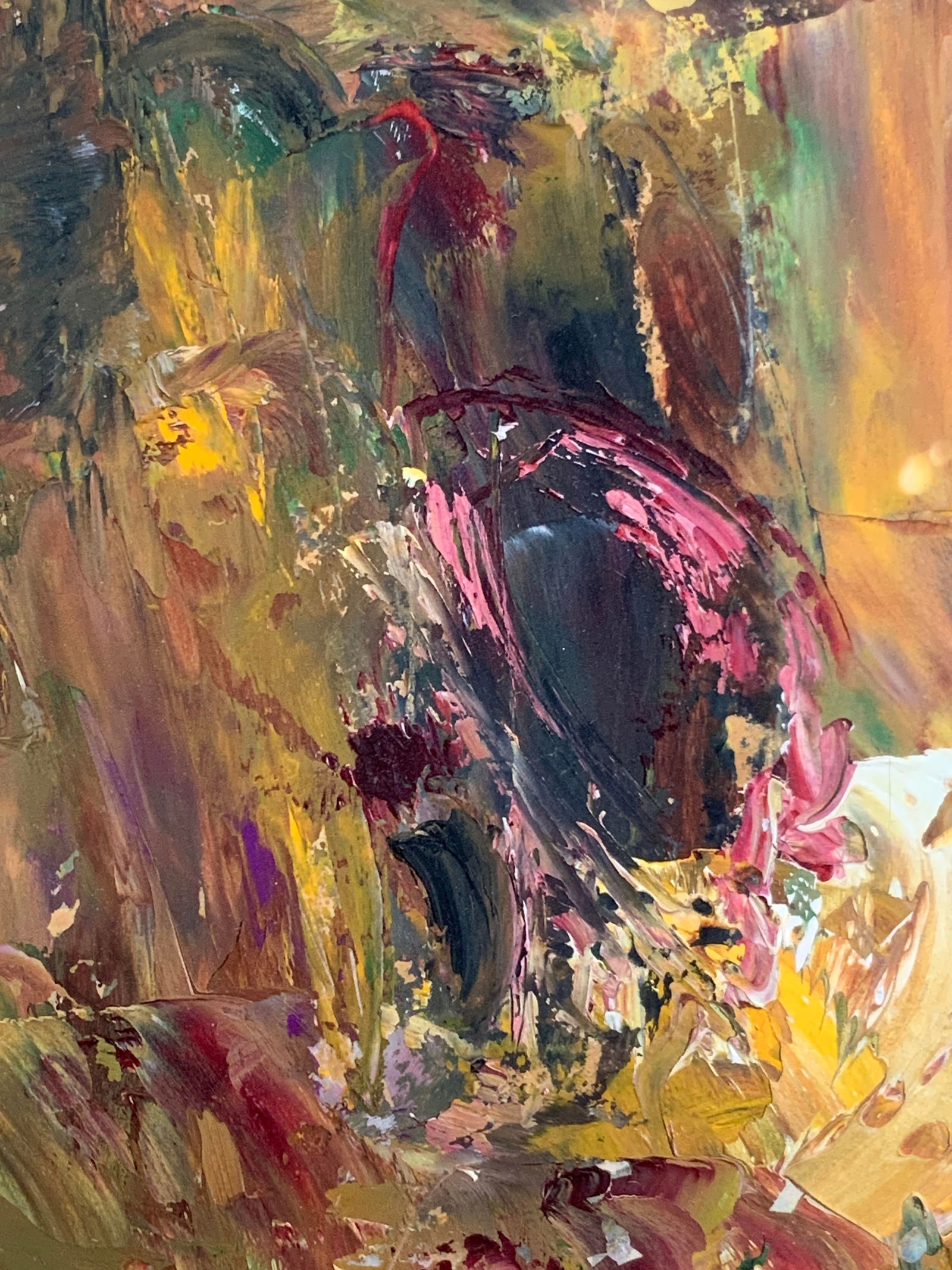 Framed Colorful Abstract Oil Painting: Oil paint on panel board. Subject depicts abstract colors and paint strokes. Framed in gilt wooden frame with a beaded pattern. Frame measures approx. 9.25 W x 11.5 H in. Window measures approx. 7.5 W