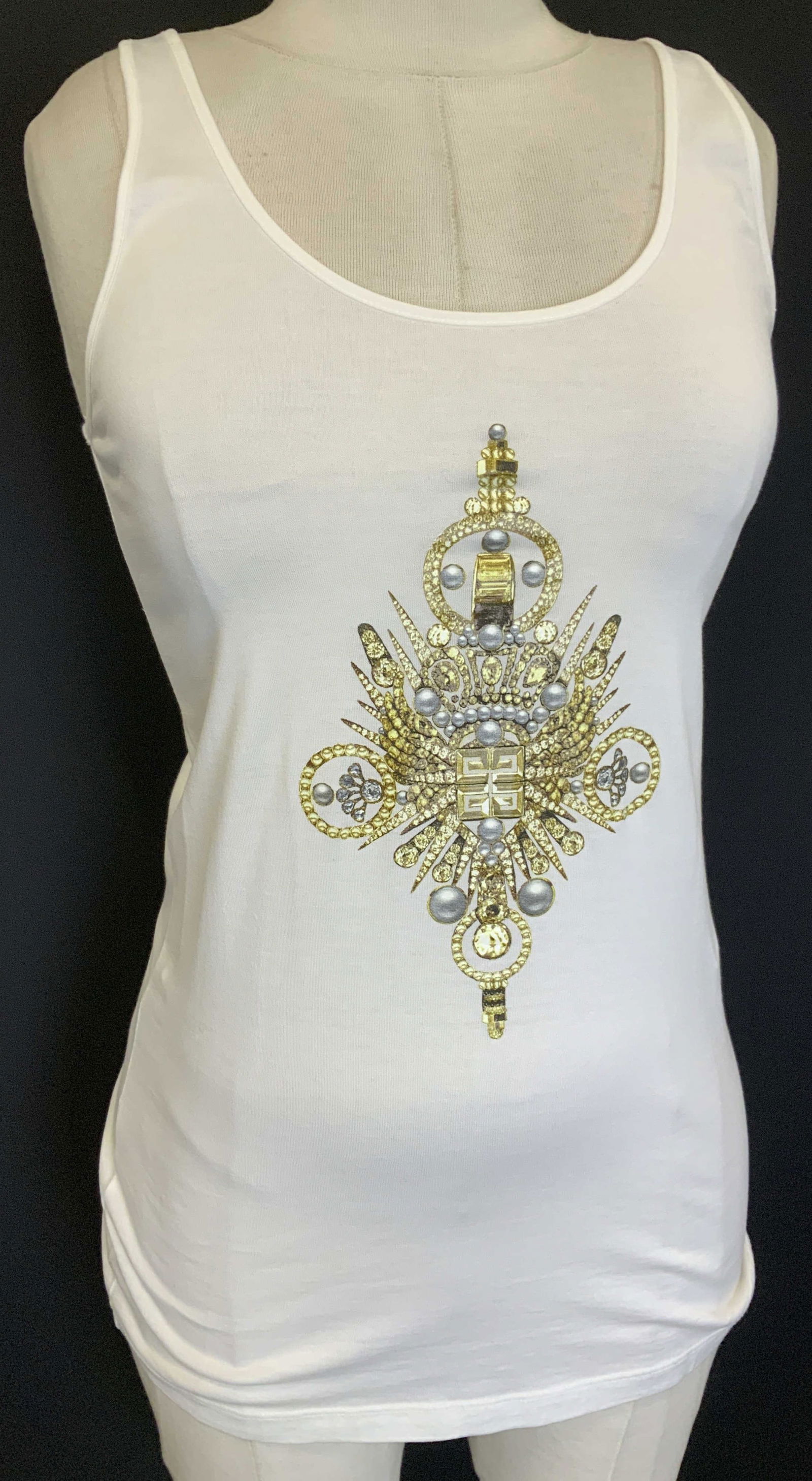 Givenchy Paris White Cotton Tank Top Portugal: Givenchy Paris luxury designer wear, 100% cotton tank top with bejeweled design. Gently worn. Size XS. Original labels affixed to garment. Made in Portugal. Vintage wear, wearables, tank top, Luxury F