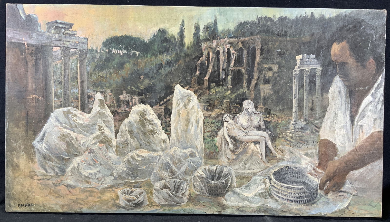 Signed Greek Statues Oil Painting on Canvas 33in: Oil paint on canvas. Signed in lower left corner. Signature illegible. Subject depicts a man creating a clay colosseum and his other clay sculptures he has made. Affixed to internal canvas. Canvas mea