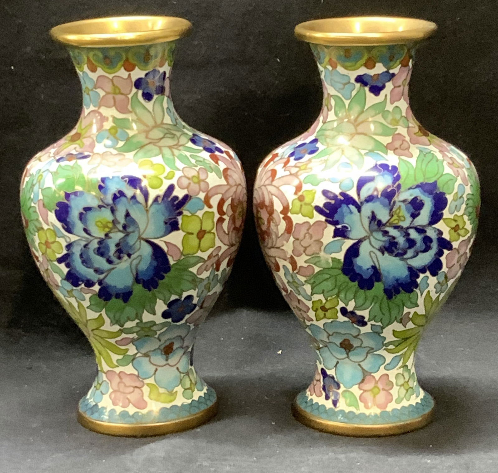 Pair Chinese Floral Cloisonne Vases w Gilt Brass (1 of 8)