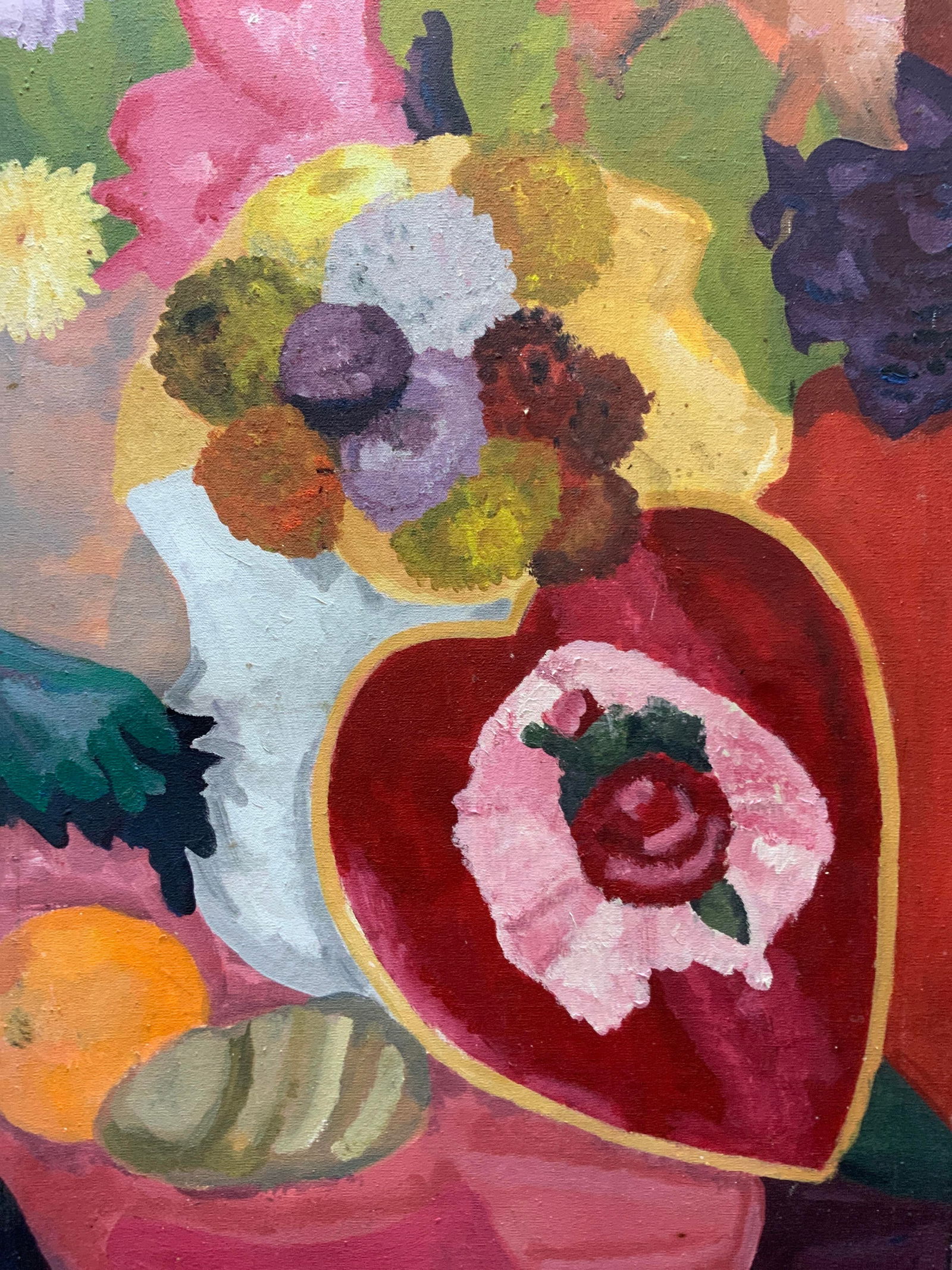 XL Still Life Oil Painting Valentines Rose 3x2ft: Oil Paint on Canvas. Subject depicts a surreal close up of a still life with a valentines heart, load of bread and orange in the forefront. Canvas measures approx. 36 H x 24 W in. Not viewed off inter