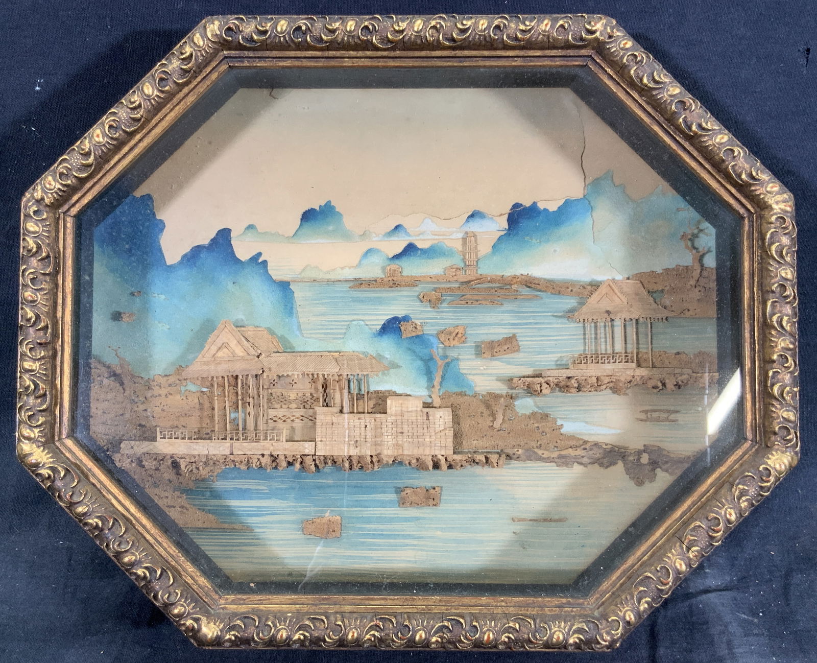 Framed Vintage 1930s Asian Cork Carving Diorama (1 of 8)