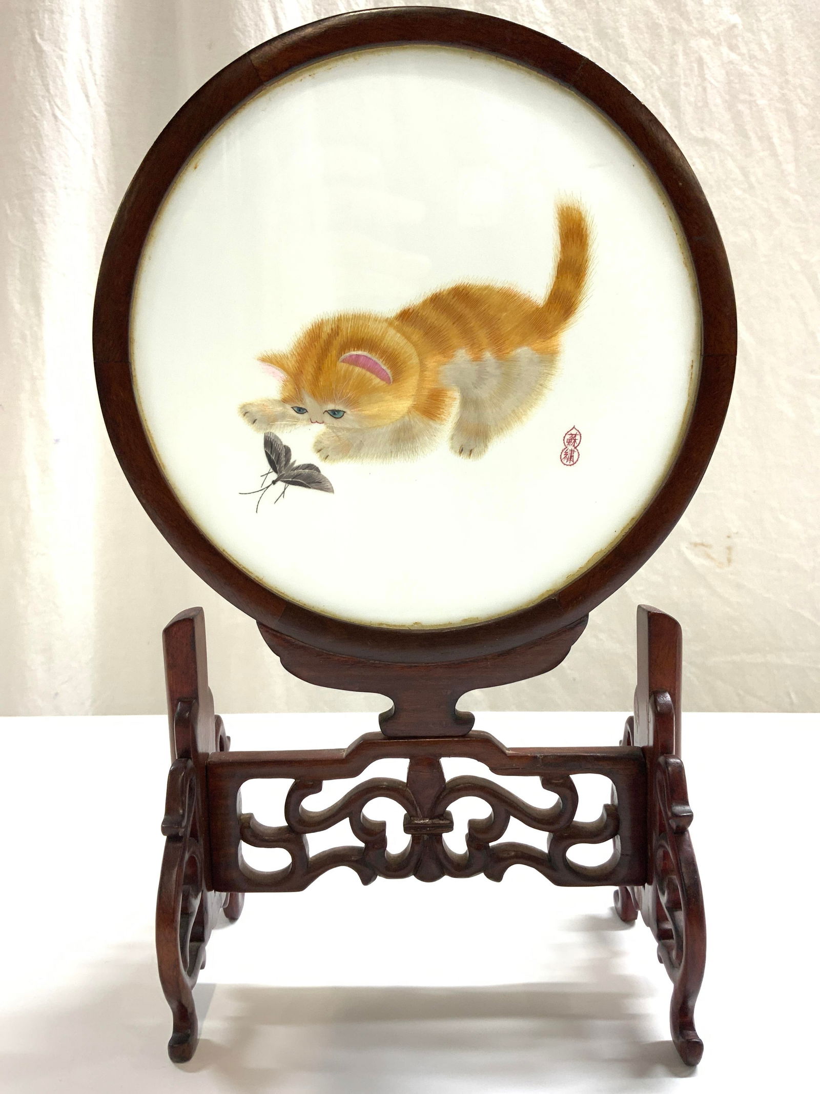 Signed Asian Hand Emb Silk Cat Double Sided Glass (1 of 8)