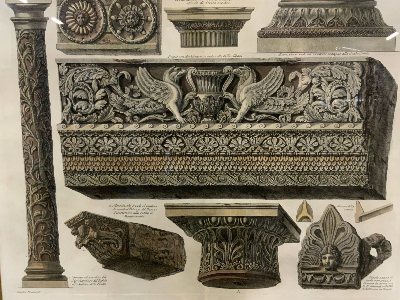 Giovanni Battista Piranesi Still Life Engraving: Engraving on paper. Engraving by Giovanni Battista Piranesi (1720-1778). Titled Fregio Con Archachitrav. Subject depicts details of reliefs and architecture found in Rome, possibly not historically ac