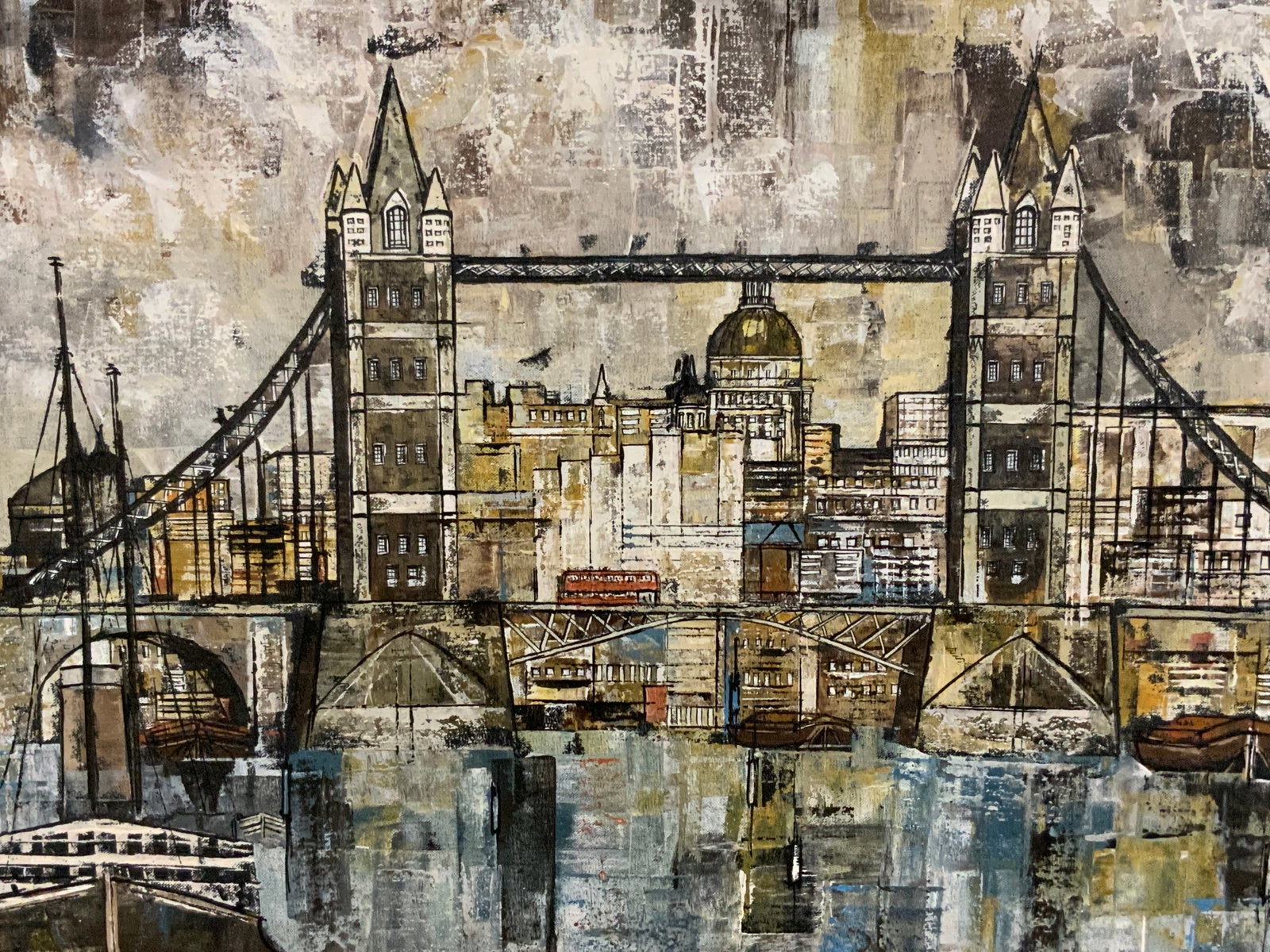 Francis Dempsey Signed Oil Painting Tower Bridge: Oil paint on canvas. Signed in lower right corner. Subject depicts the tower bridge in London. Framed in silver toned wood frame. Frame measures approx. 54 W x 36.5 H in. Window measures approx. 53 W 