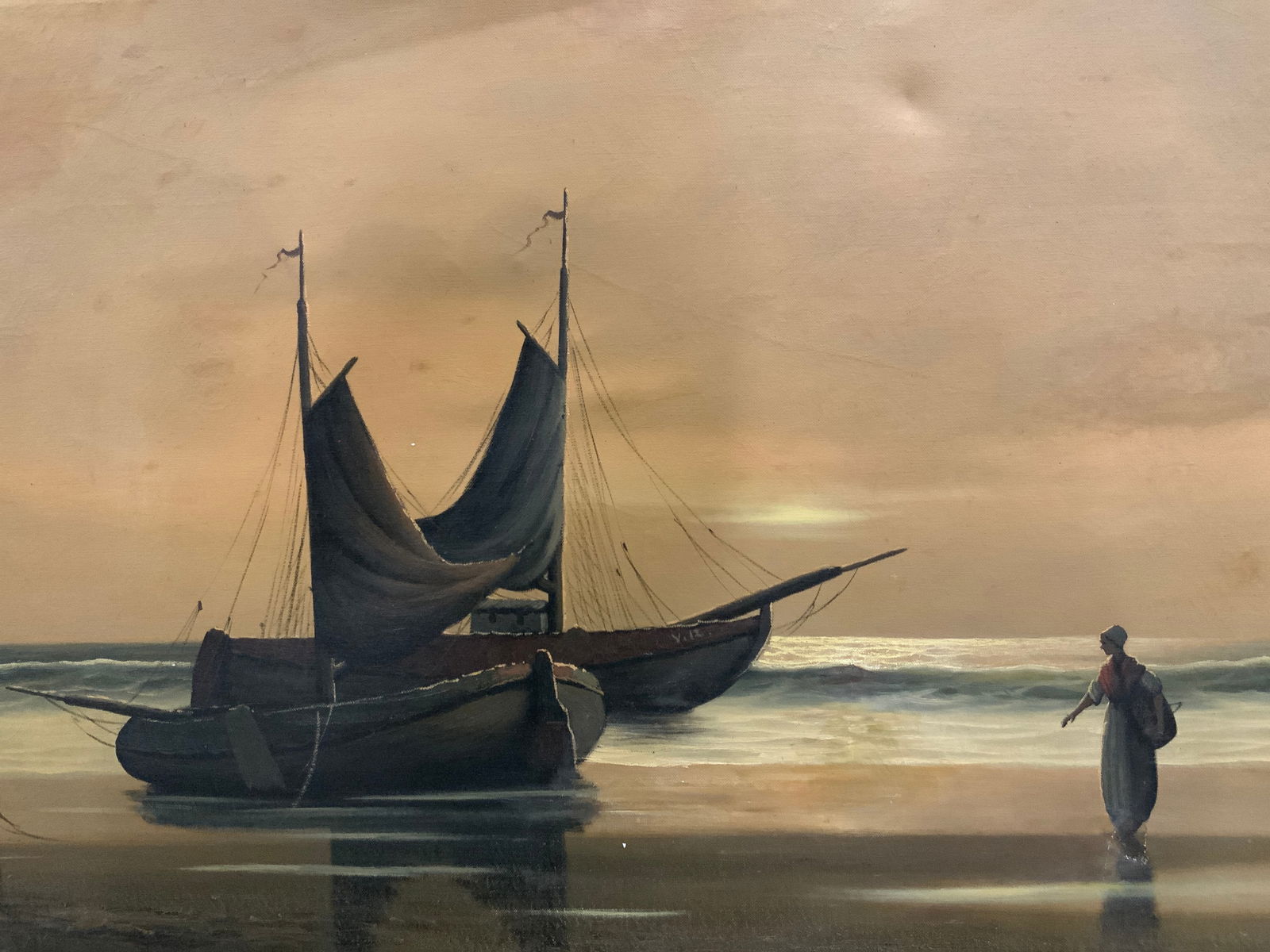 Signed Oil Painting Canvas Nautical Sunrise Auction