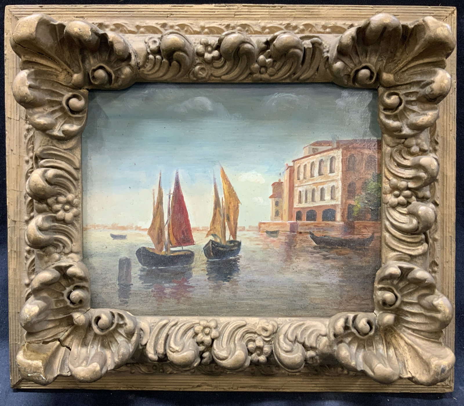 Framed Sailboats in Harbor Nautical Oil Painting (1 of 10)