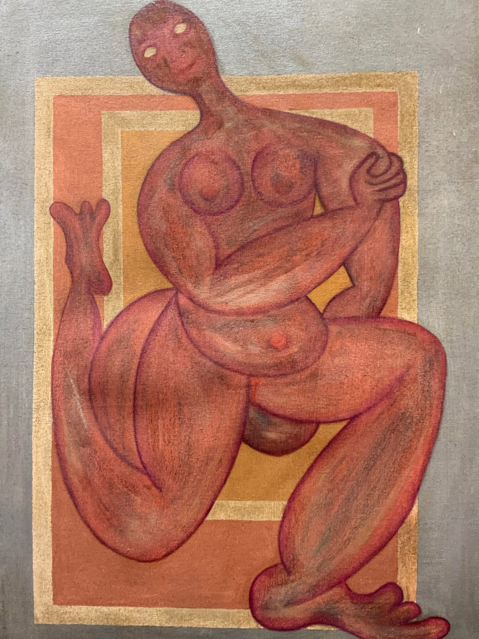 Mujer I 2001 Signed Surrealist Painting 36in: Oil paint on canvas. Signed in lower right corner and on verso. Verso reads Mujer I Hector antugo NY 2001. Subject depicts the surrealist figure of a woman holding herself. Canvas measures approx. 36 