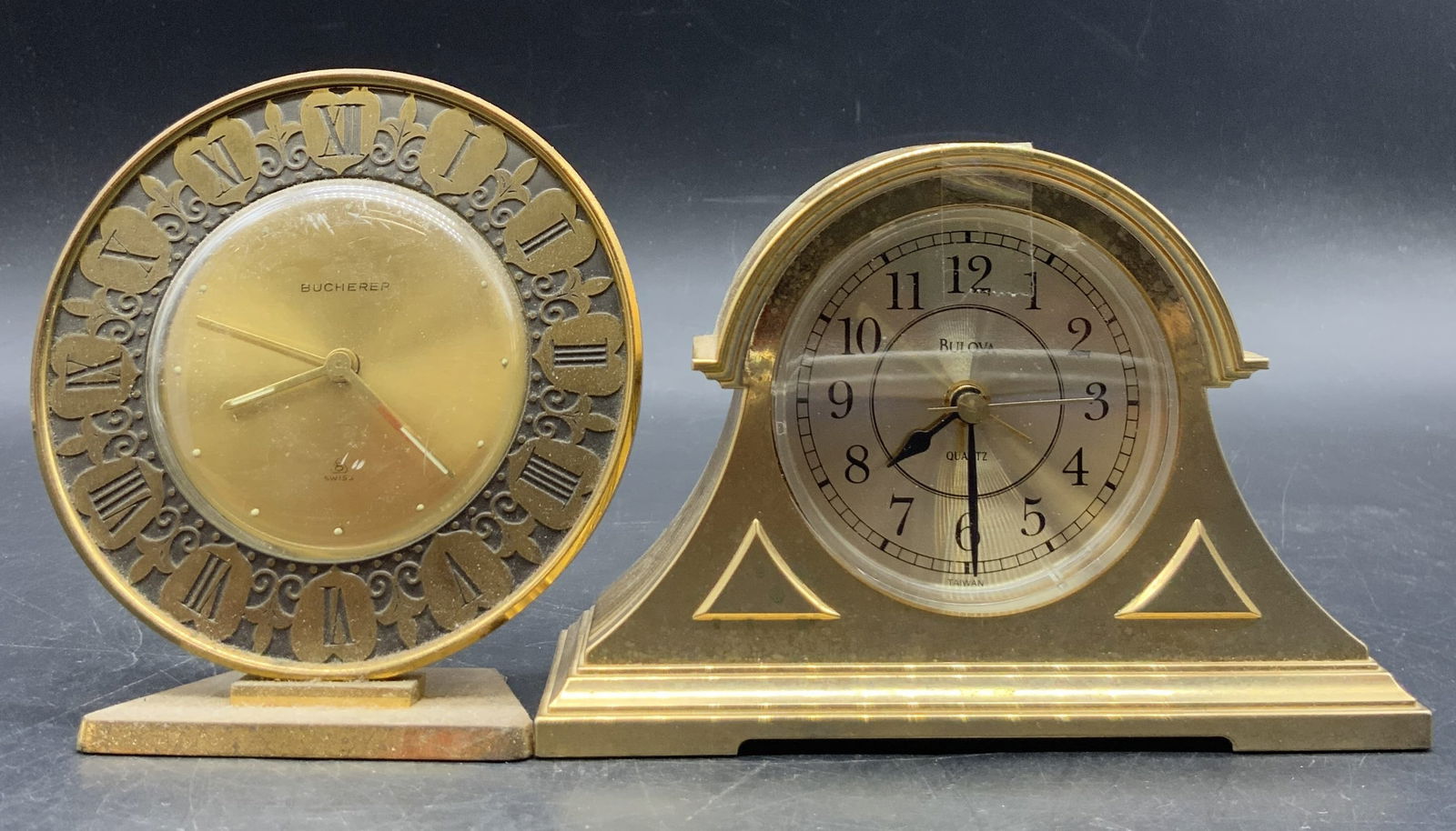 Lot 2 BUCHERER & BULOVA Gold Tn Table Clocks (1 of 9)