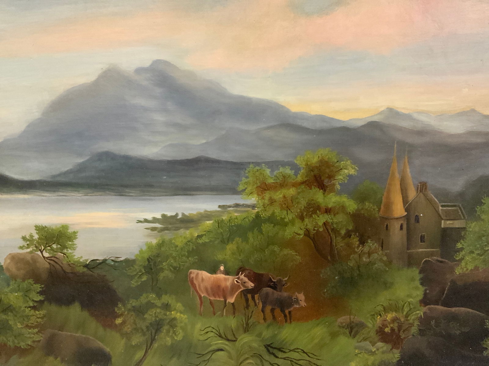 Framed Landscape Cows by a Castle Oil Painting (1 of 13)