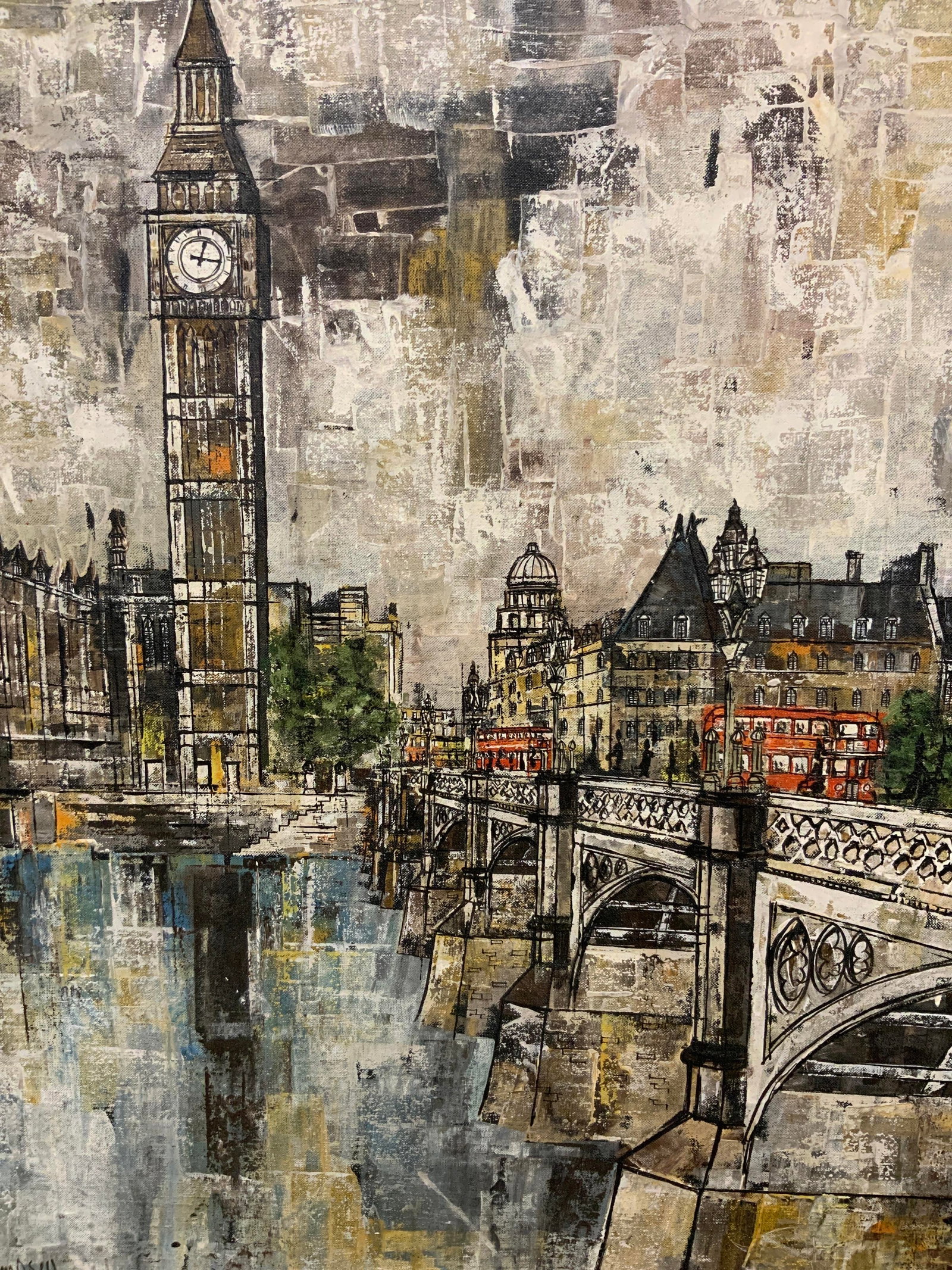 H. Dempsey Signed & Framed London Oil Painting: Oil paint on canvas. Signed in lower left corner. Subject depicts Big Ben and the Westminster bridge with double decker buses on it. Framed in wooden frame. Frame measures approx. 35 W x 39.5 H in. Wi