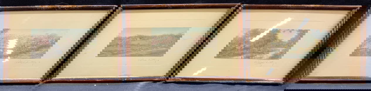 3 Wallace Nutting Hand Colored Framed Photographs: Wallace Nutting hand colored photographs. Signed in lower right corner. Subjects all depict scenes with trees, rock walls, and faraway houses. Framed in wooden frames. Frames each measure approx. 11.5