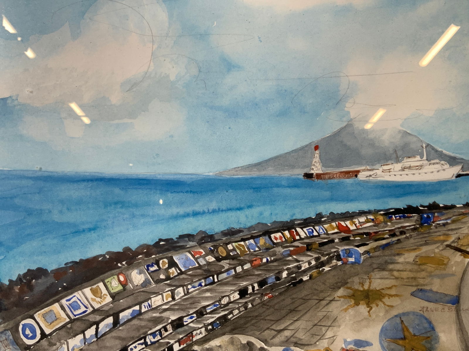 Framed & Signed Pier of Horta Port Watercolor: Watercolor on paper. Signed in lower right corner. Signature illegible. Subject depicts the pier of Horta Port, with the sailboat names and dates of travel painted on the port. Framed in wooden frame.