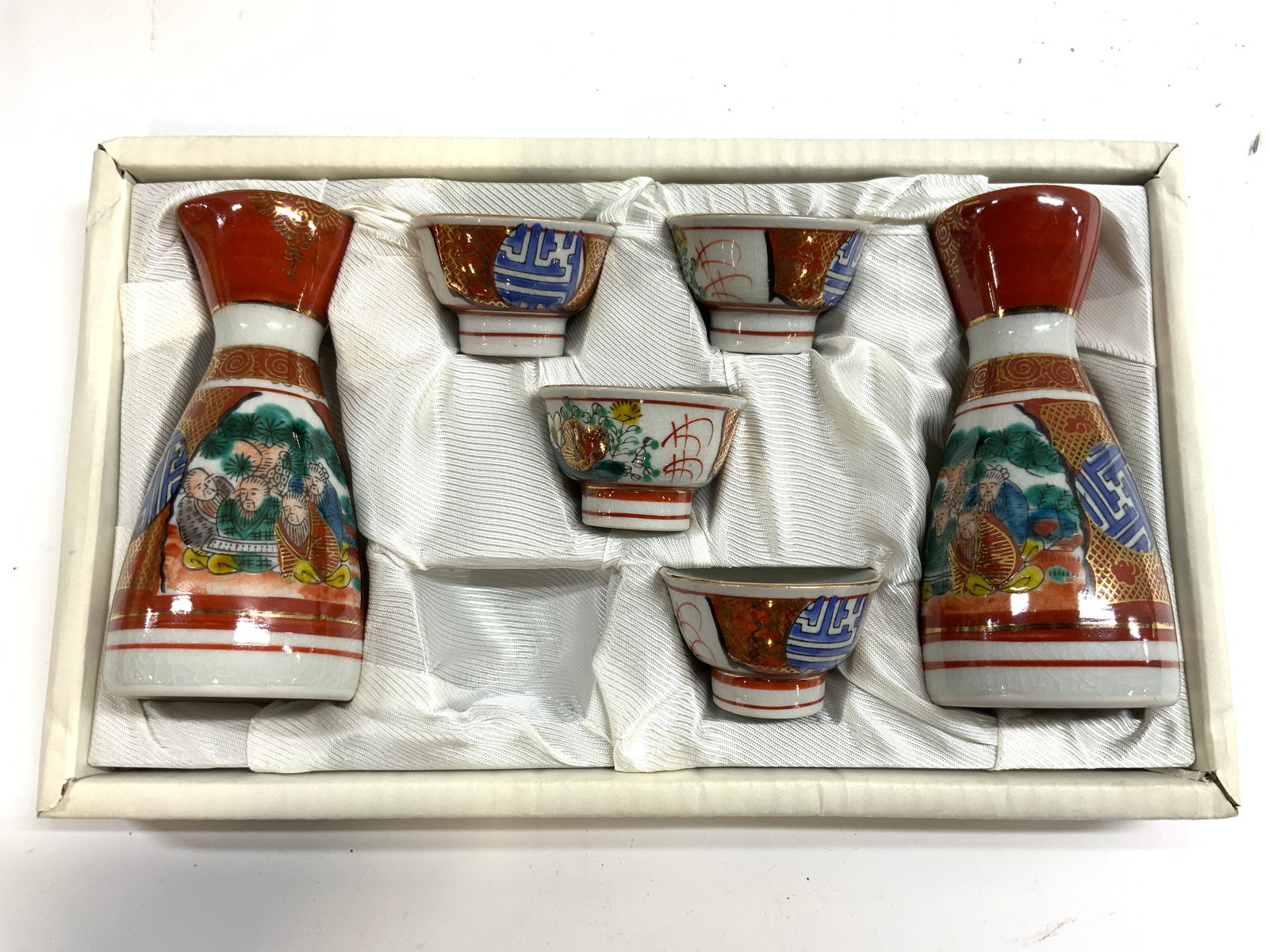 Signed Set 6 Vntg Asian Porc Sake Service In Box (1 of 8)