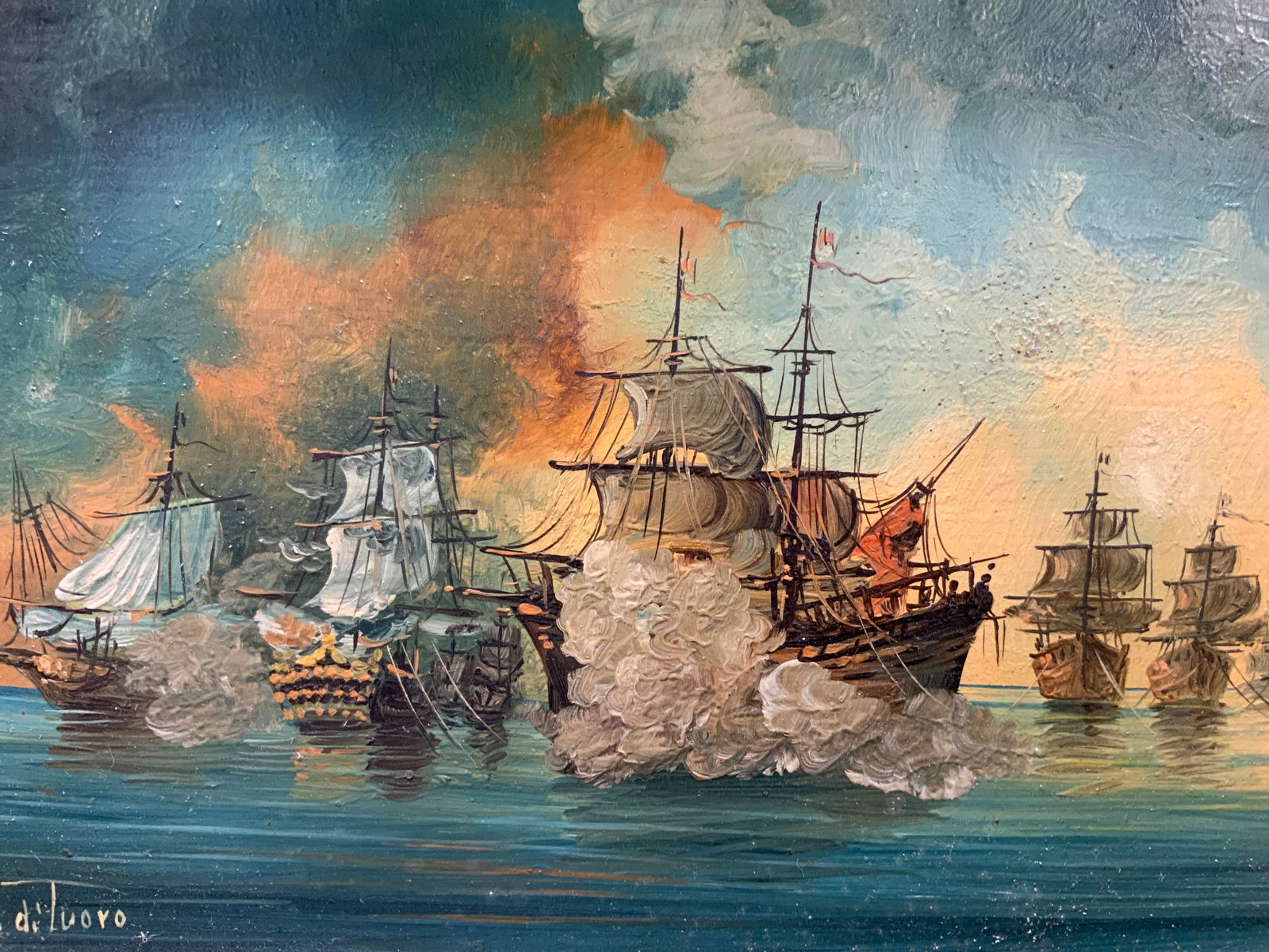 Signed Nautical Battle Ships at Sea Oil Painting (1 of 10)