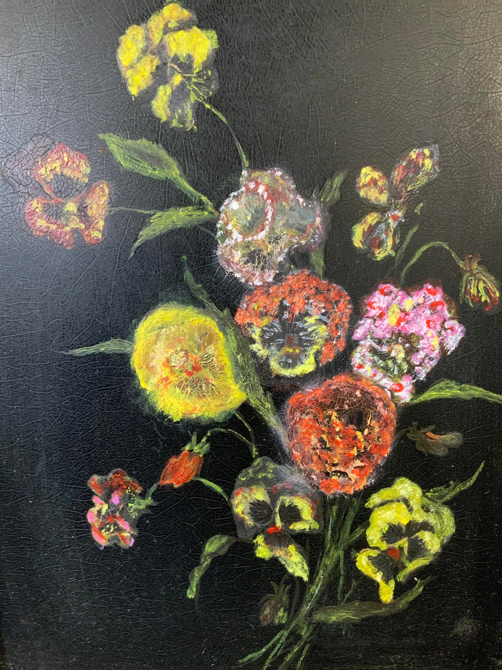 Still Life With Bright Flowers Oil Painting: Oil paint on panel. Subject depicts a still life with bright colored flowers against a dark background. Framed in gilt wooden frame. Frame measures approx. 16 W x 20.5 H in. Window measures approx. 9 