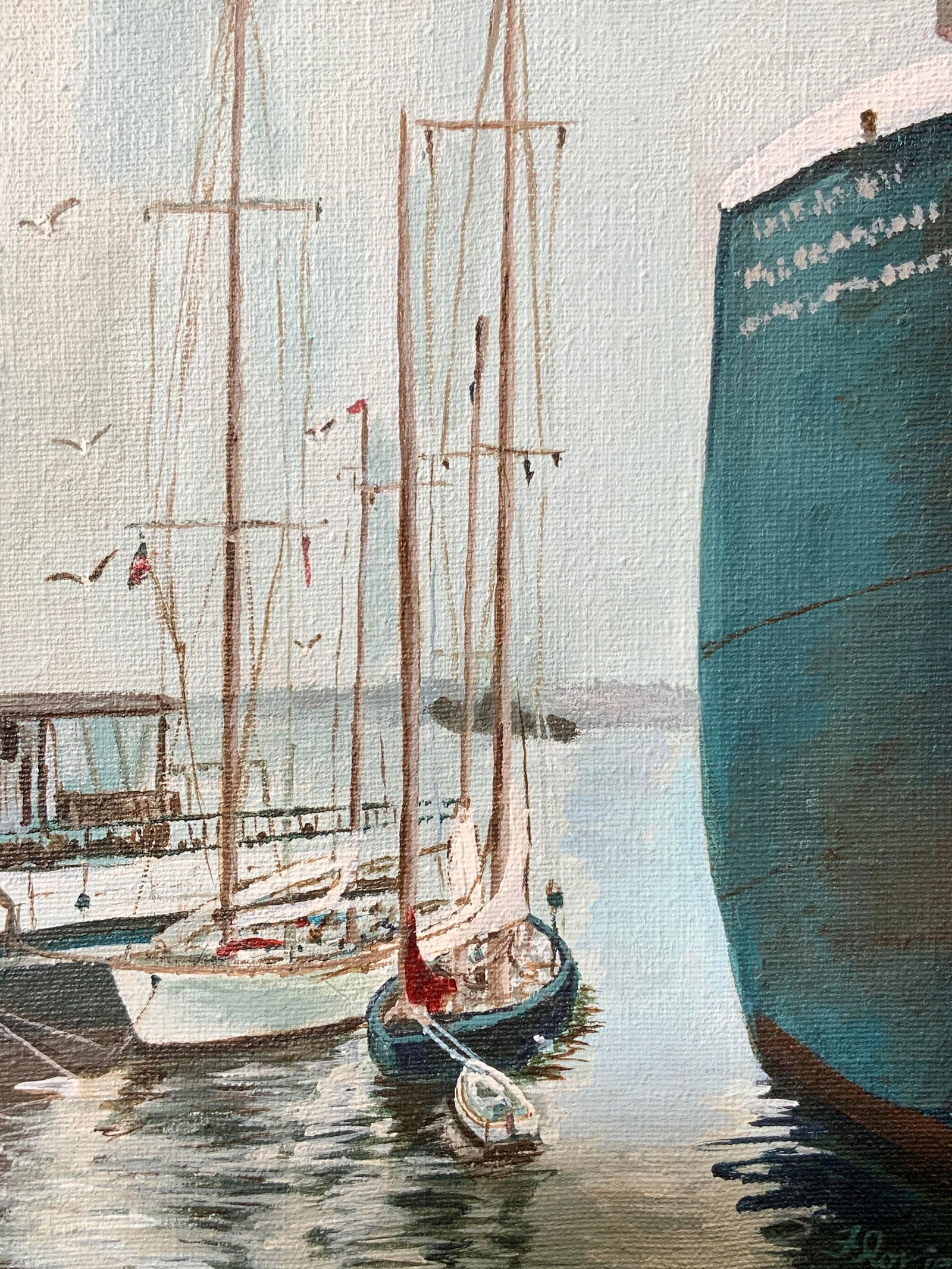 1985 Signed Big Ship Little Ship Acrylic Painting (1 of 11)