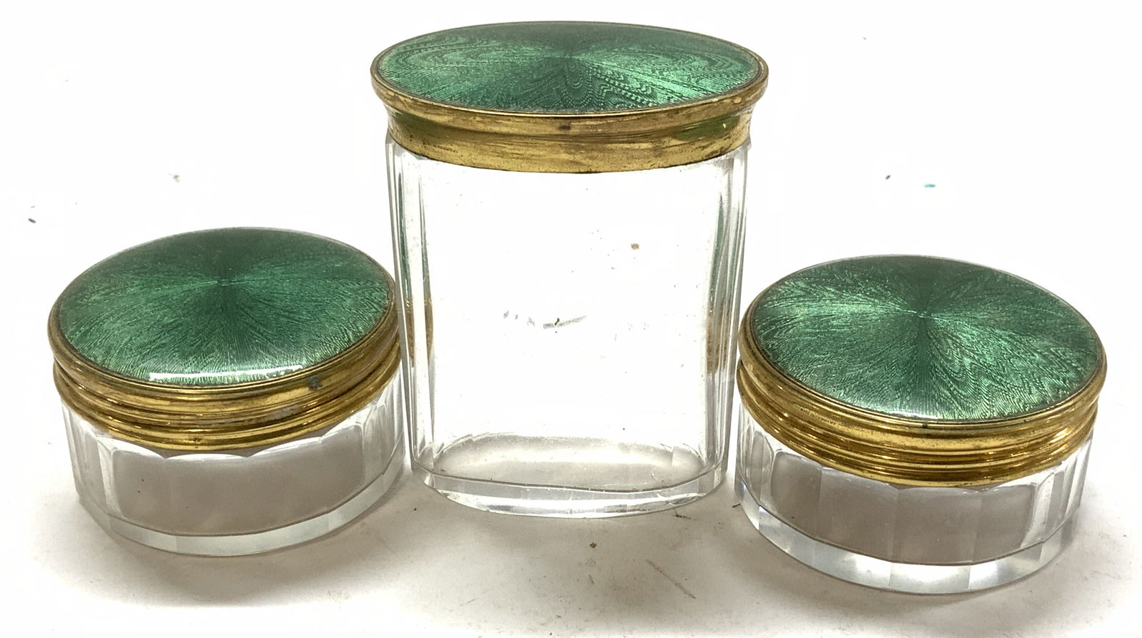 Set 3 Glass Vanity Containers w Guilloche Tops (1 of 7)