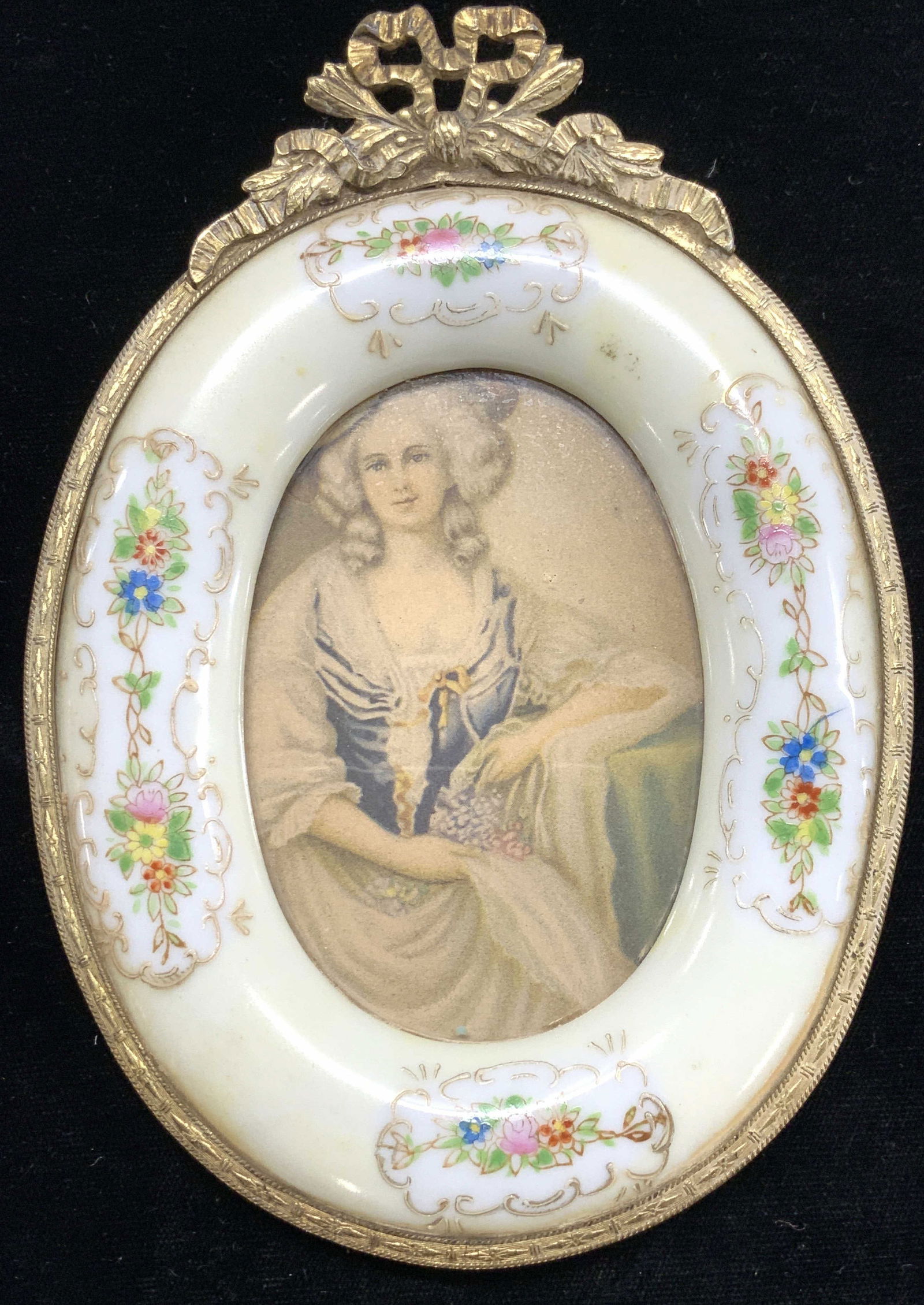 Antique Porcelain & Brass Wall Frame w Litho (1 of 7)