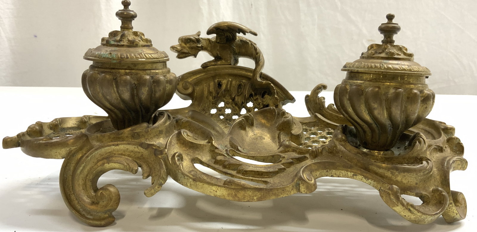 Antique Ornate Victorian Brass Inkwell W Dragon (1 of 8)