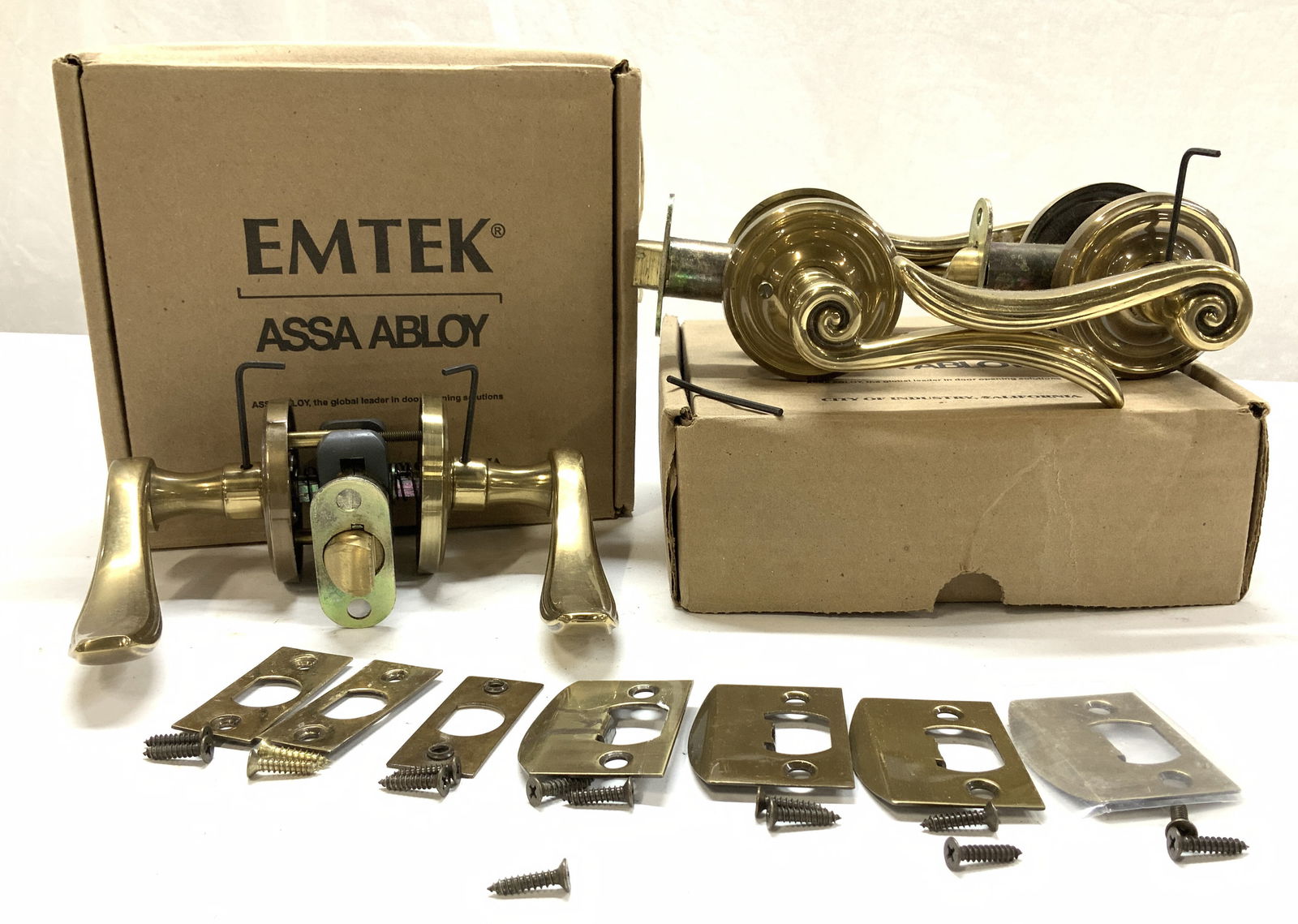 Emtek Set 3 Brass Door Lever Handles & Lock Kits Auction