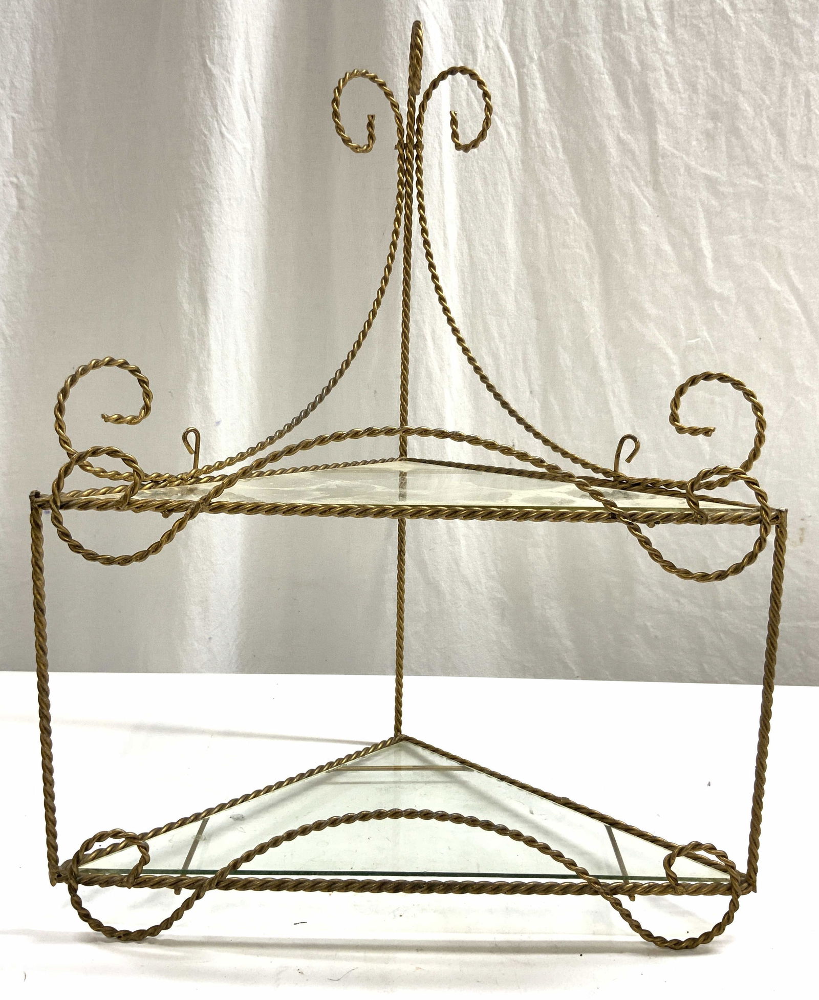 Gilt Metal Corded Corner Wall Shelf W Glass Inserts (1 of 6)