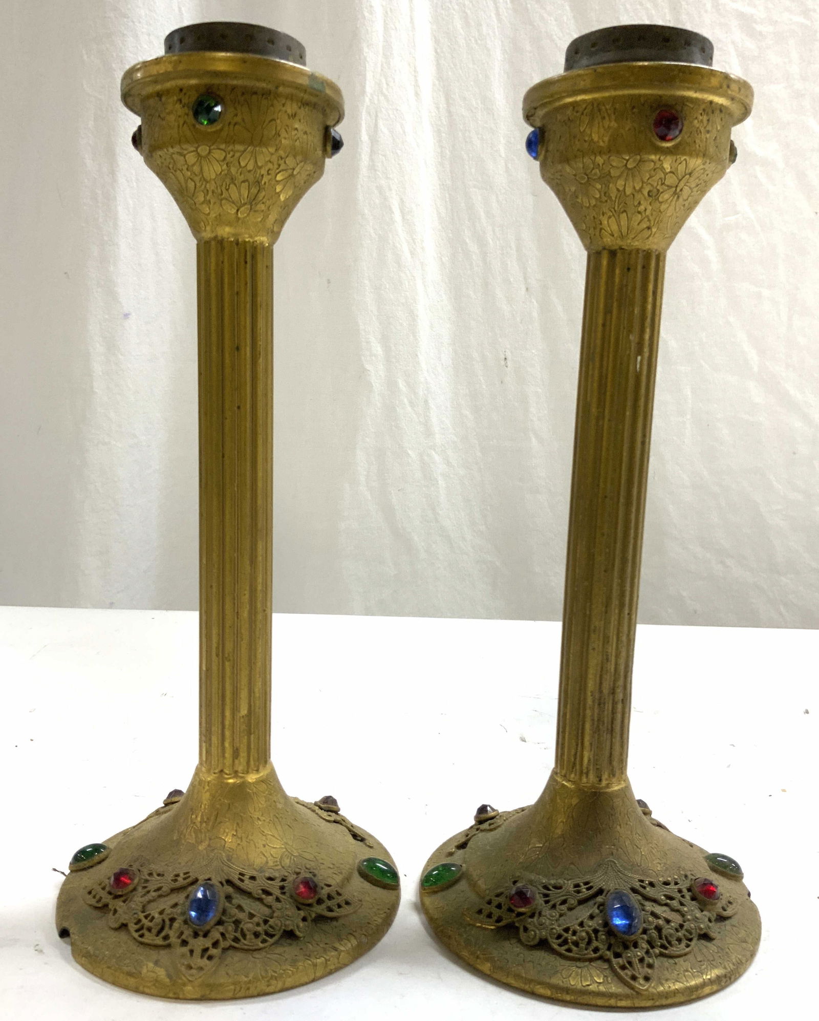 Pr Gilt Metal Column Candlesticks W Rhinestones (1 of 6)