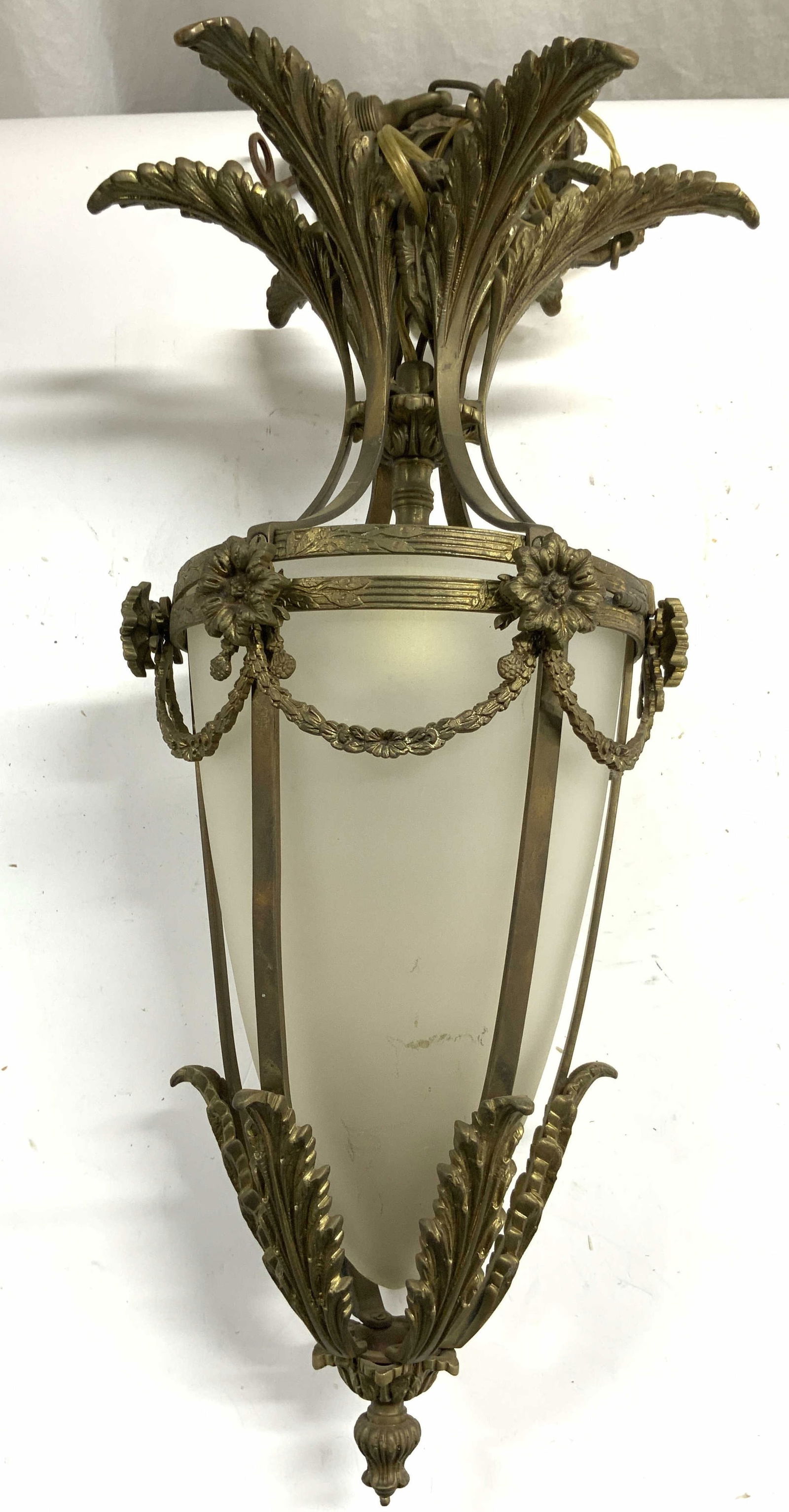 Vntg Gilt Metal Chandelier W Frosted Glass Shade (1 of 7)